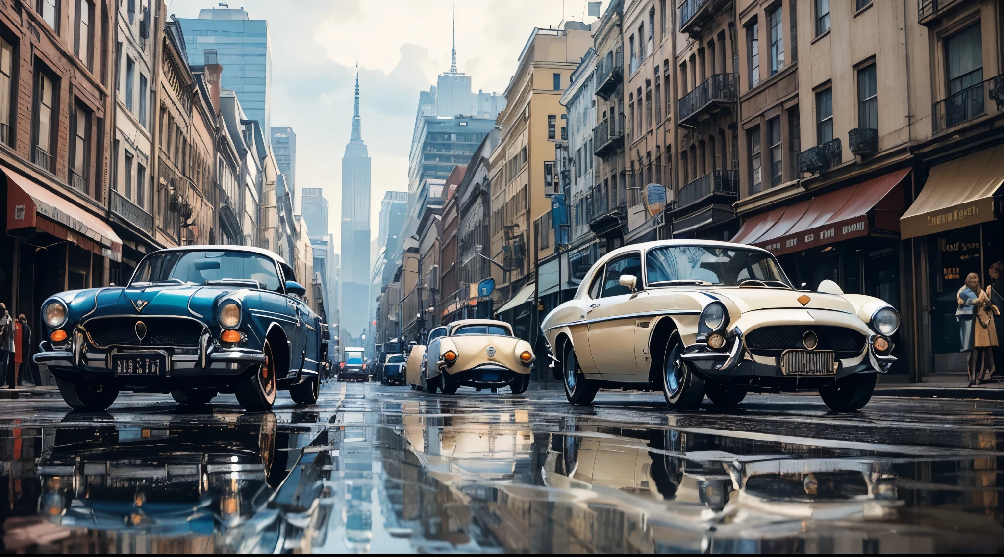 (8K, Best Quality, Masterpiece: 1.2), (Realistic illustration: 1.37), Super Detailed,(top-quality), (ultra-detailliert),High Resolution, BREAK Create a city street scene on a rainy day, the azure sky reflecting in puddles on the asphalt, the buildings tinted with soft blue hues.Elegant, vintage cars cruise along the boulevards as the city awakens to a day of jazz and glamour ,(vintage cars:1.5)