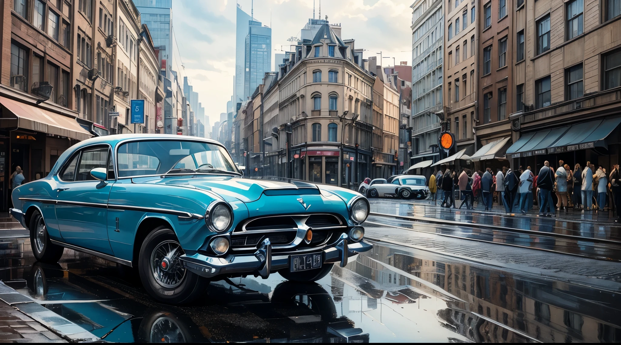 (8K, Best Quality, Masterpiece: 1.2), (Realistic illustration: 1.37), Super Detailed,(top-quality), (ultra-detailliert),High Resolution, BREAK Create a city street scene on a rainy day, the azure sky reflecting in puddles on the asphalt, the buildings tinted with soft blue hues.Elegant, vintage cars cruise along the boulevards as the city awakens to a day of jazz and glamour ,(vintage cars:1.5)