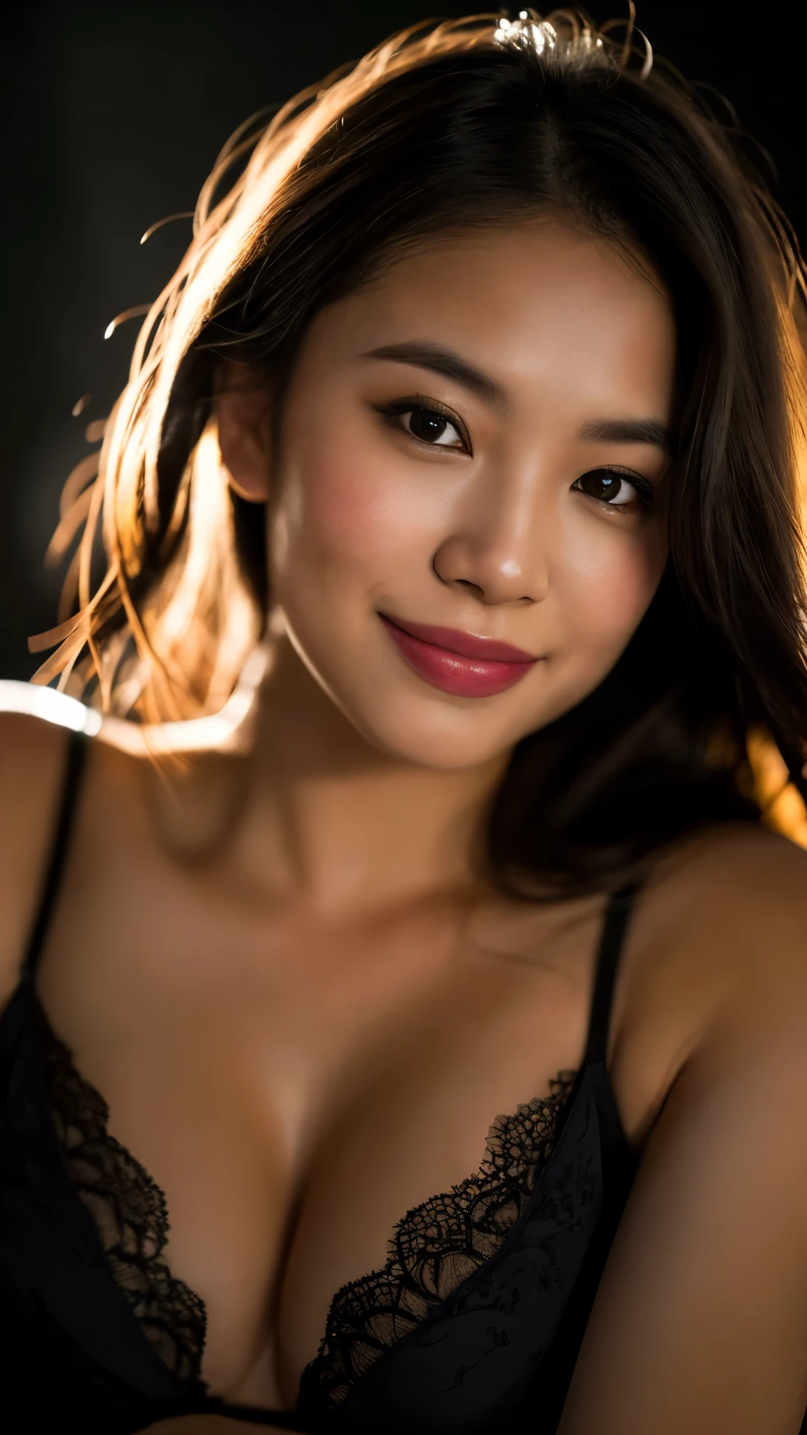 highest quality, epic realistic, ((in the pitch black darkness :1.4)), ((portrait:1.5)),(background: dark ) high contrast ,glorious picture, lowest lux, lighting face, she's comfortable, wearing lingerie, looks incredible, (8k, Raw photo, Highest quality),(epic realistic:1.5), a woman, face,(detailed eyes:0.8),(looking at the camera:1.4), (Highest quality), ( high contrast, deep shadows),Intricate details,cinematic,((skin:1.4)), (long dark hair:1.3), long hair, messy ,(Hdr:1.5),Detailed, colors, Superior quality, Masterpiece, Raw Photo (20-year-old, looking at viewer), beautiful, (wearing underwear,), perfect, natural, perfect composition, portrait, perfect face, smiling expression, Captivating eyes, Bright details, Tight lips, (High Skin Detail),, (blue tint: 0.6), (sale: 0.8), (bloody: 0.7), Key lighting , (backlight: 0.5), Medium depth of field, Canon 5d, 50mm lens, f/4 apertures, (Ultra-detailed, Complex detail), sharp focus, soft colors, 8k, Absurd, 80mm, dark background, photography, smiling, pinay, filipina, medium boobs,