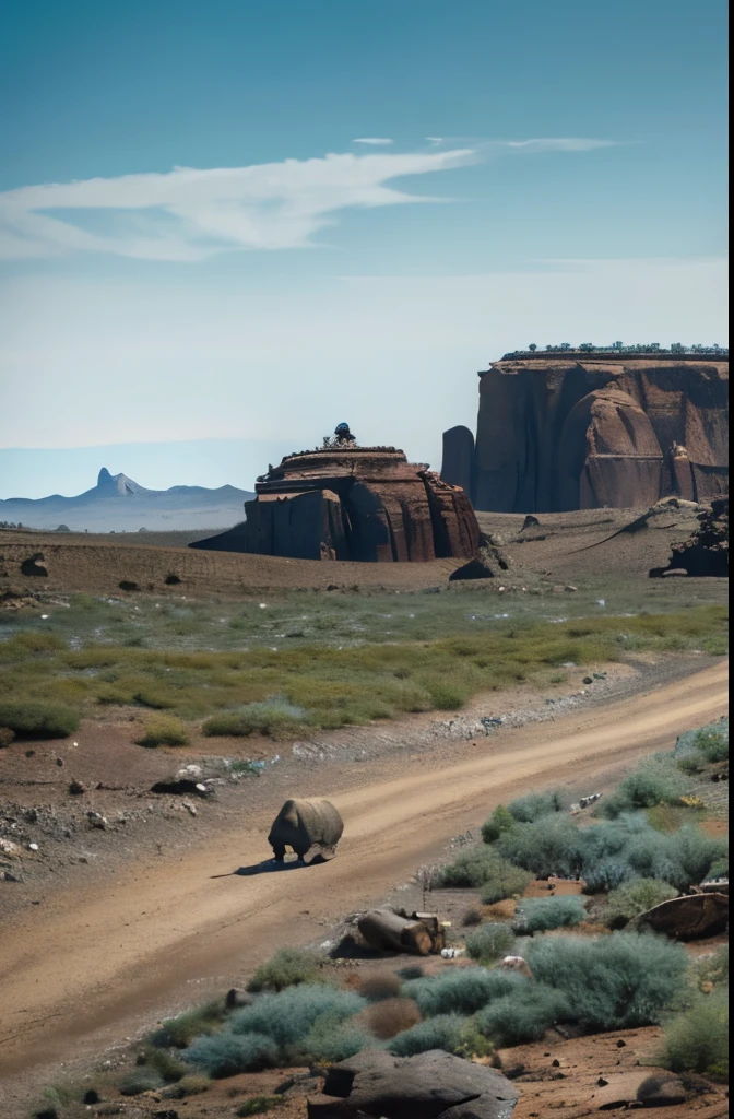 The location is a rocky area on a wide plain with nothing in it.、Total length 30mMechanical exterior of a white rhinoceros-type robot running on a large blue caterpillar from the rhinoceros horn、The color is dark green and some silver thin lines are red.