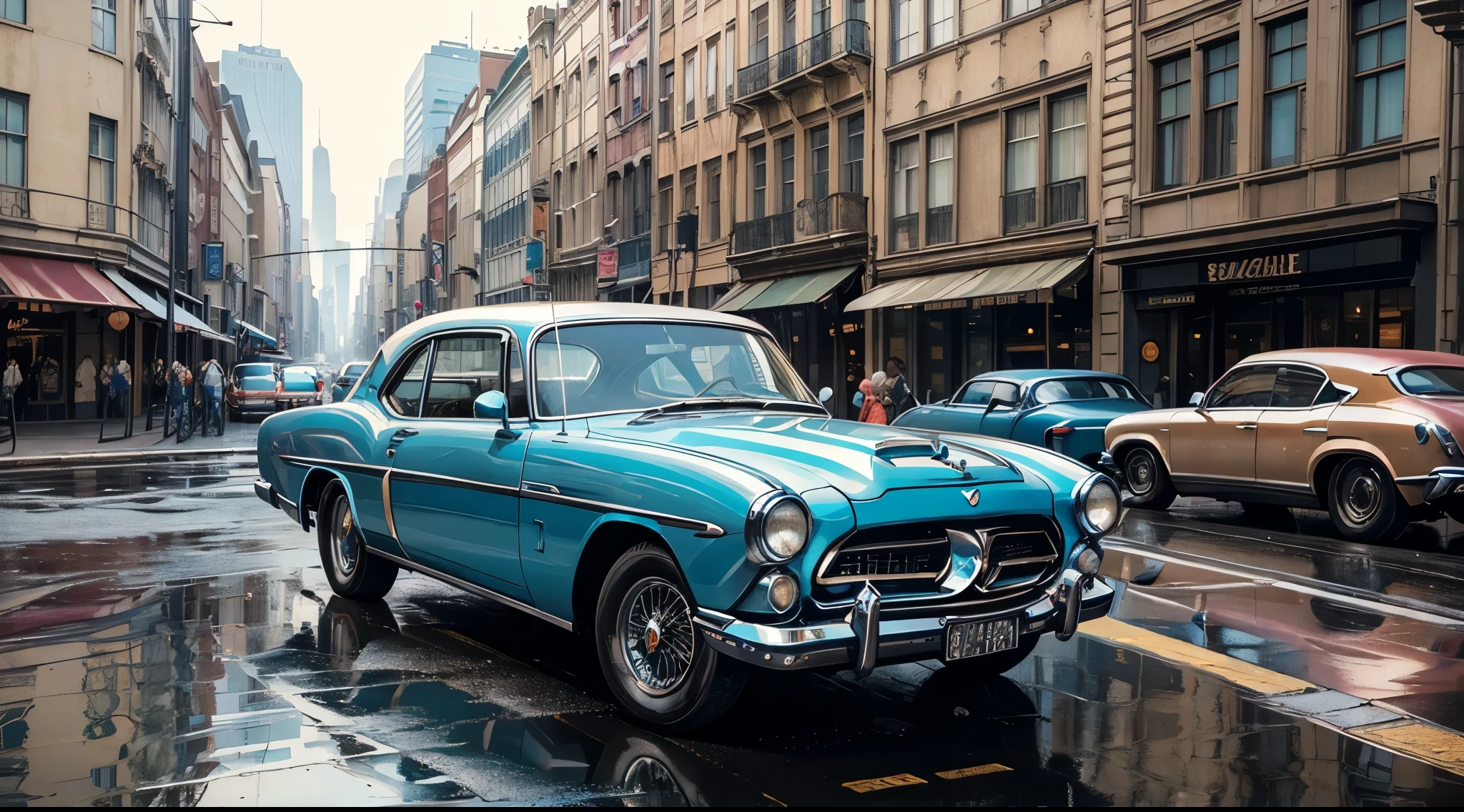 (8K, Best Quality, Masterpiece: 1.2), (Realistic illustration: 1.37), Super Detailed,(top-quality), (ultra-detailliert),High Resolution, BREAK Create a city street scene on a rainy day, the azure sky reflecting in puddles on the asphalt, the buildings tinted with soft blue hues.Elegant, vintage cars cruise along the boulevards as the city awakens to a day of jazz and glamour ,(vintage cars:1.5)