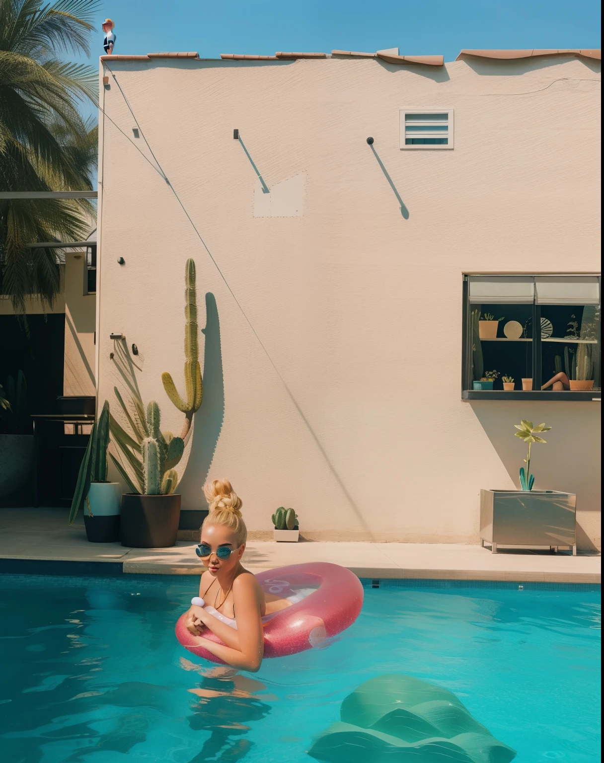 A blonde young woman wearing sunglasses inside a swimming pool, with a floaty. In the background, a white house and a cactus.