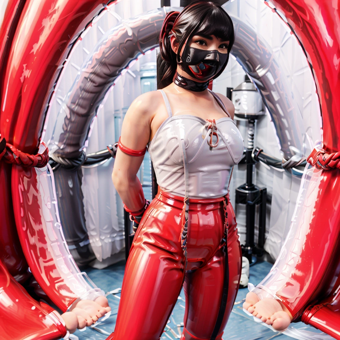 evie、(standing), (full body portrait), (toes to head view)、 (shibari, arms behind back:1.4), ,gagged, (over the nose mask:1.4), (tight latex mask:1.4)