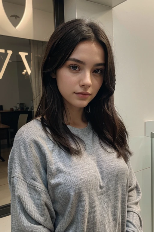 20 year old girl, beautiful, cute, ultrarealistic, black hair, high quality, butterfly cut, grey sweater