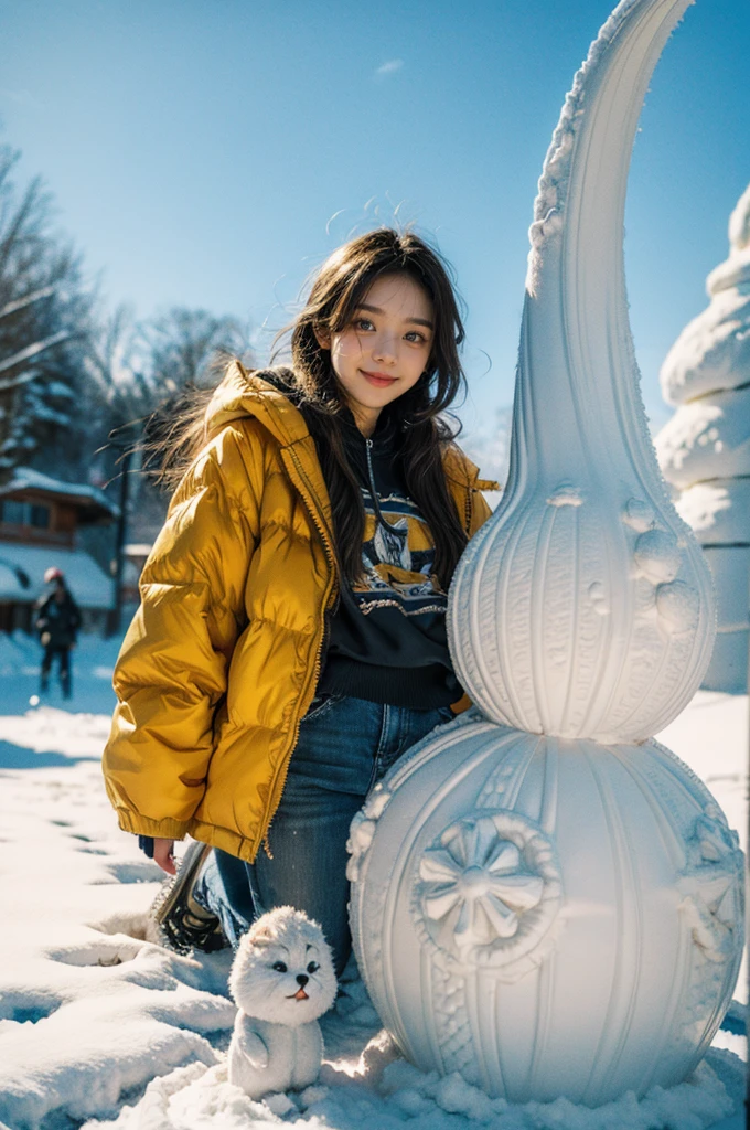 a cute and beautiful girl, smile, fashionably dressed in a bright orange puffer jacket, magical ice sculpture world, snowy landscape filled with snowflakes. a sweet and ideal character, Japanese cartoons, korean girl, full of anticipation and courage for adventure, (Ultra high saturation, bright and vivid colors), (best quality, masterpiece, Representative work, official art, Professional, 8k:1.3)