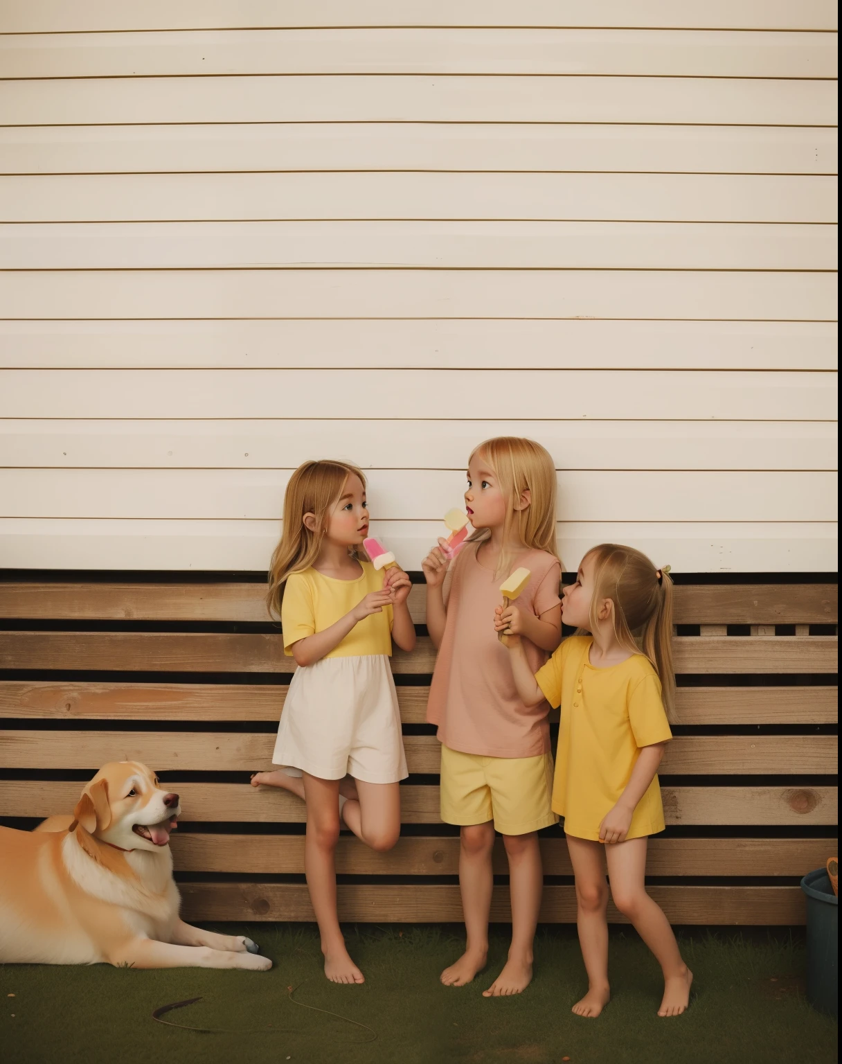 Three blonde , wearing summer clothes, stand barefoot in front of a wooden wall, eating popsicles. The dog looking at them from the corner.