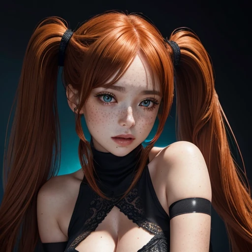 A highly detailed professional ultra-realistic 8k CG masterpiece of an elegant woman. She has asymetrical bangs, shining skin. She wears perfect makeup, red eyliner and black eye shadows. She has ((straight long ginger hair in loose twintails)) and cyan eyes. She wears a black turtle neck mini dress, cleavage and showing shoulders. She has thigh highs and high heels. Her pretty face has a lot of ((freckles)).