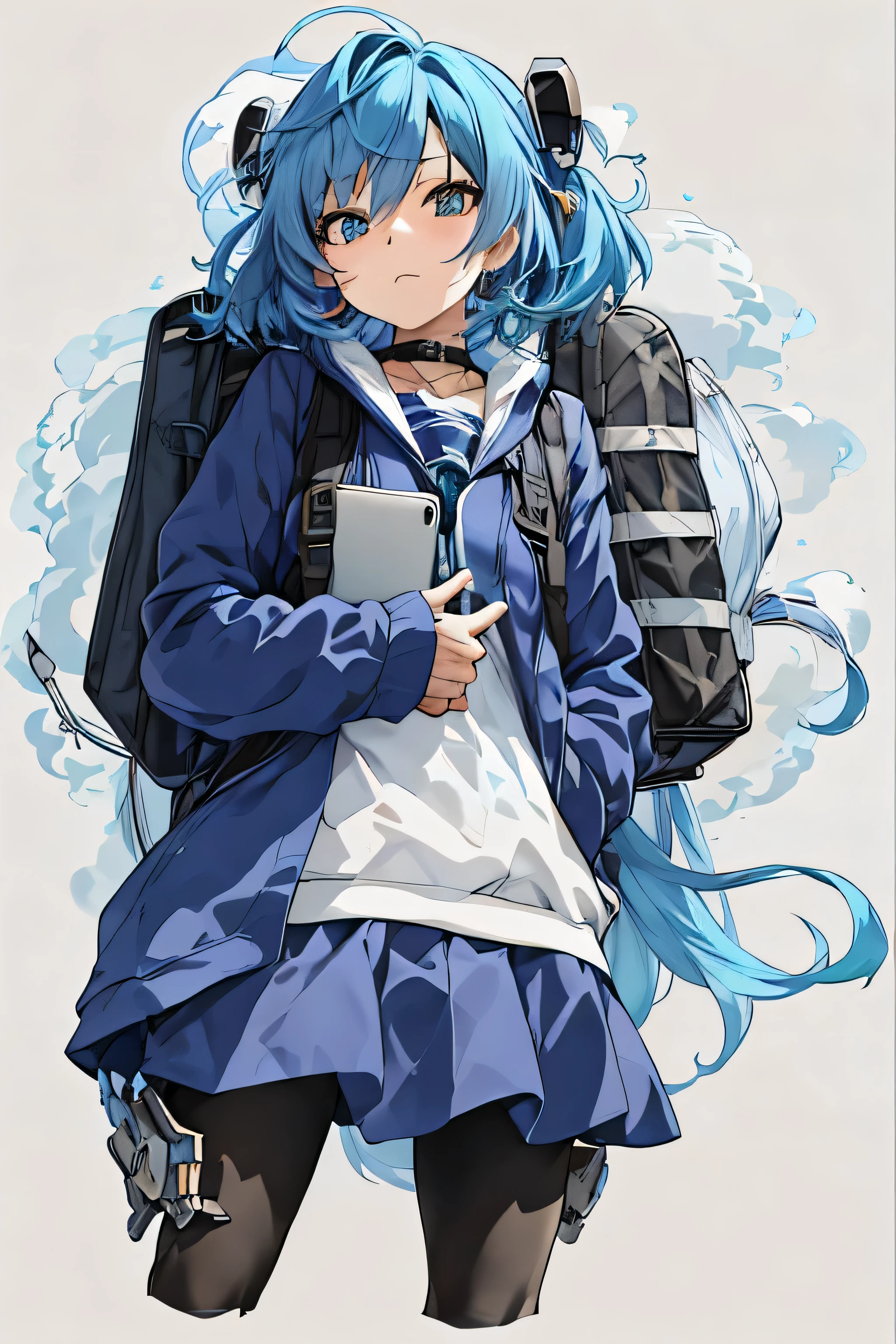 anime girl with blue hair and backpack standing in front of a white background, anime moe art style, High quality anime art style, anime style 4k, (anime girl), beautiful anime high school girl, Anime full body illustration, young anime girl, an anime girl, anime girl with teal hair, 2D anime style, anime best girl, hold the tablet in your right hand, jewel-like eyes