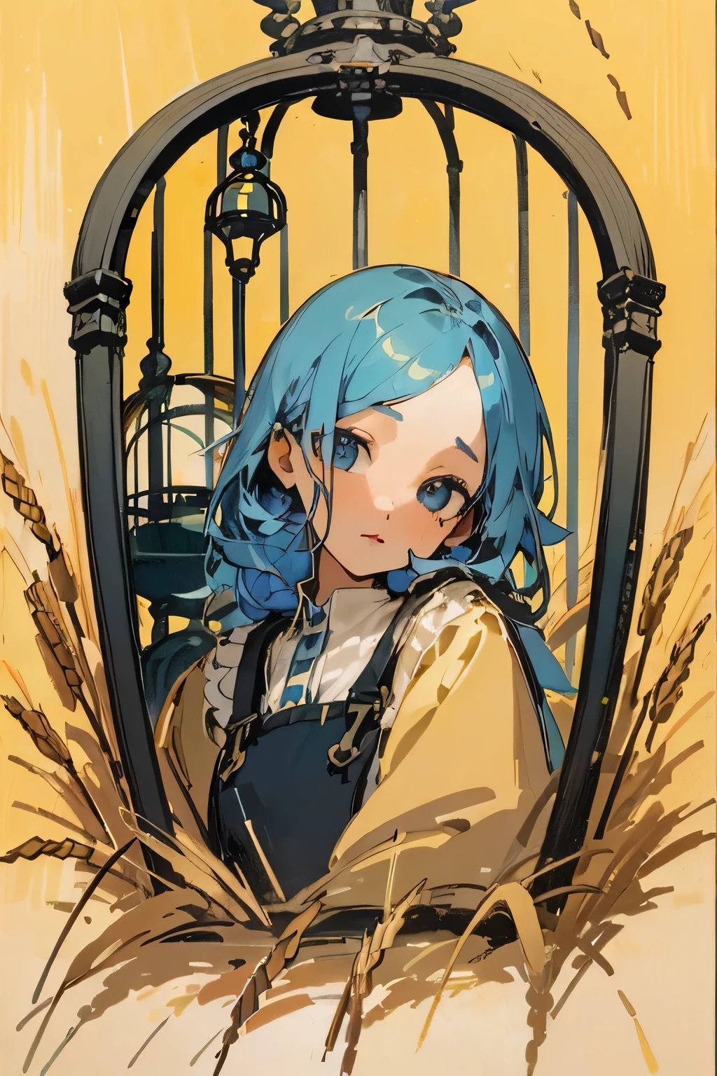 Color block painting,high detail,best quality,Better face,girl,birdcage,blue hair,Wheat skin