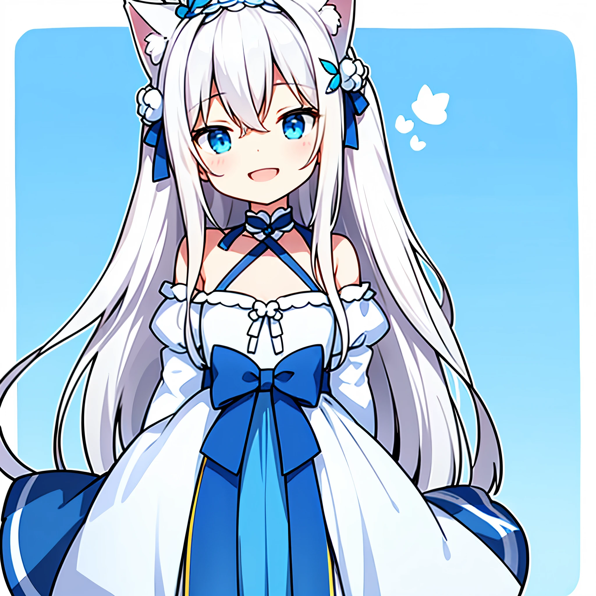 Blue and white hair，Blue and white off-shoulder halter top，Smile with blue eyes，Cat ears headdress for long straight hair，laughing out loud，Rich details remove hair accessories