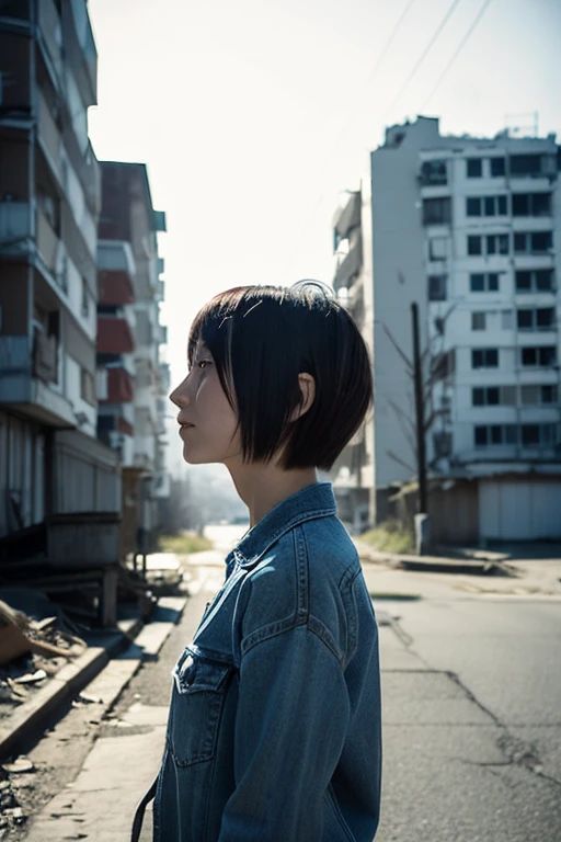 A Japanese Lady, look at viewr, ((very Short hair)), (((skinny:1.3)), 27-years old . day, Outdoors, Post-apocalypse, Ruins, from side,