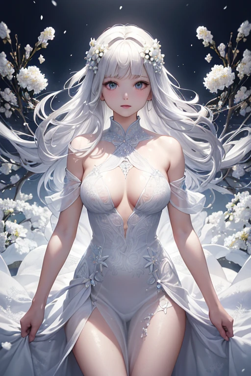 (Paradise in Heaven), White lighting,(muste piece), (best quality), (cinematic), 8K, (art station),(長いwhite hairとSilvery eyesを持つ1人の女), (beautiful delicate face)、[Frozen trees々], [landscape crystal], [lighting], [Ethereal Atmosphere:1.1], [fantasy, short story] ,[soft なlighting] 、(+cinematic shot:1.2)、 [+art station] 、[+luminous white background] 、 [soft glow] 、(Creative and dynamic angles:1.3), [+Crystal Toning] 、muste piece, very detailed, Super detailed, solo, (pale skin), Silvery eyes, white hair, (snow background), (snowflake rosen flower:1.0), (shining crystal), (Snowy ground), (White lashes), sexy woman、dreamy and detailed, Gorgeous setting, 妖しい雰囲気 muste piece, The most beautiful scenes, majestic、(((full of white flowers)))、quiet and serene atmosphere、attractive, all white tones,Inside the crystal library,Transparent flowers and falling snow，Many white roses are planted,(water flowing,waterfall,water bloom),The decoration is also carefully done.,dream（very detailedです，creative design，crisp and precise lines，K HD，best quality，master piece，超High resolution，In 4K）、Diverse poses、((beautiful white flower hair ornament))、beautiful hairstyle、(best quality, In 4K, 8K, High resolution, muste piece:1.2), Super detailed, detailed expression, graceful posture, expressive brush strokes, mysterious atmosphere, artistic interpretation,Delicate floral jewelry， (((Detailed design、Beautiful transparent dress made of thin fabric、Sheer mini dress that shows off your skin)))、(SFW:1.5), (oversized breasts, best body proportions, proportions of large breasts,:1.5)