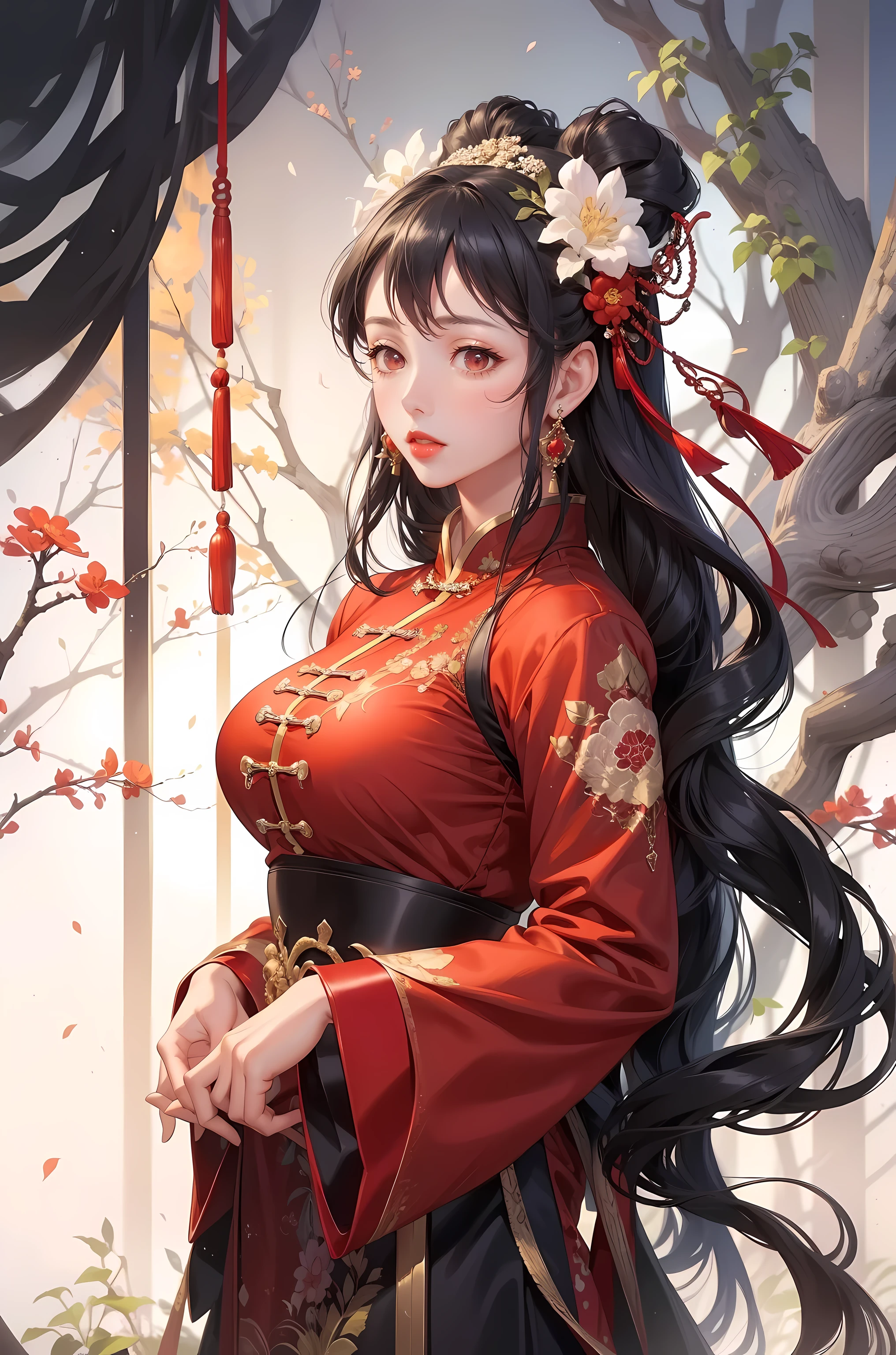 1 girl,Upper body,cheongsam,Chinese clothes,hair flower,(masterpiece:1.4),(best quality:1.4),(shiny skin),red lips,looking at the audience,big breasts,open lips