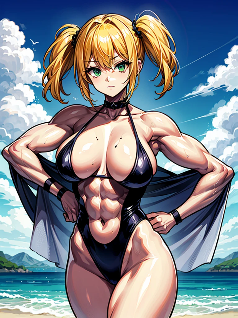 (((masterpiece、Highest image quality、highest quality、highly detailed unity 8kwallpaper)))、((Illustration of one girl))、(((beautiful girl、cool)))、((blonde、pixie cut:1.2、two side up、sidelocks、green eyes))、(((tall、stocky build, thickset physique:1.3, muscular legs, broad shoulders, solid chest)))、swimsuit、sandy beach