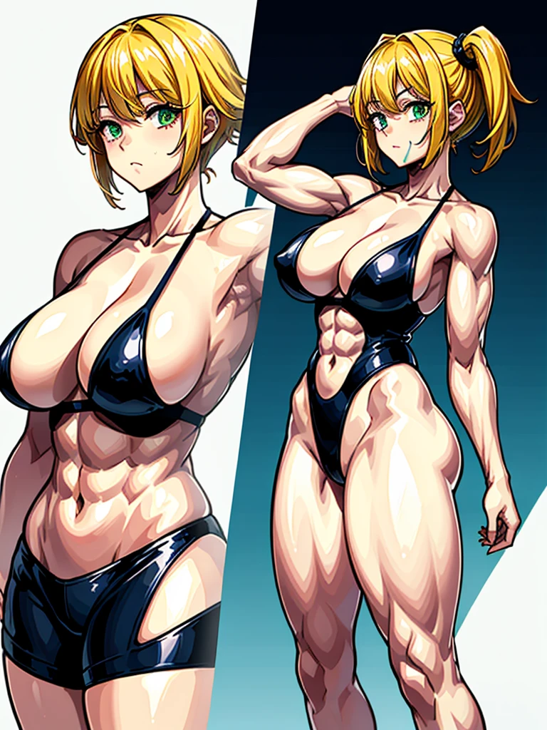 （（（masterpiece、Highest image quality、highest quality、highly detailed unity 8ｋwallpaper）））、（（Illustration of one girl））、（（（beautiful girl、cool）））、（（blonde、pixie cut：1.2、two side up、sidelocks、green eyes））、（（（tall、stocky build, thickset physique：1.3, muscular legs, broad shoulders, solid chest）））、swimsuit、sandy beach