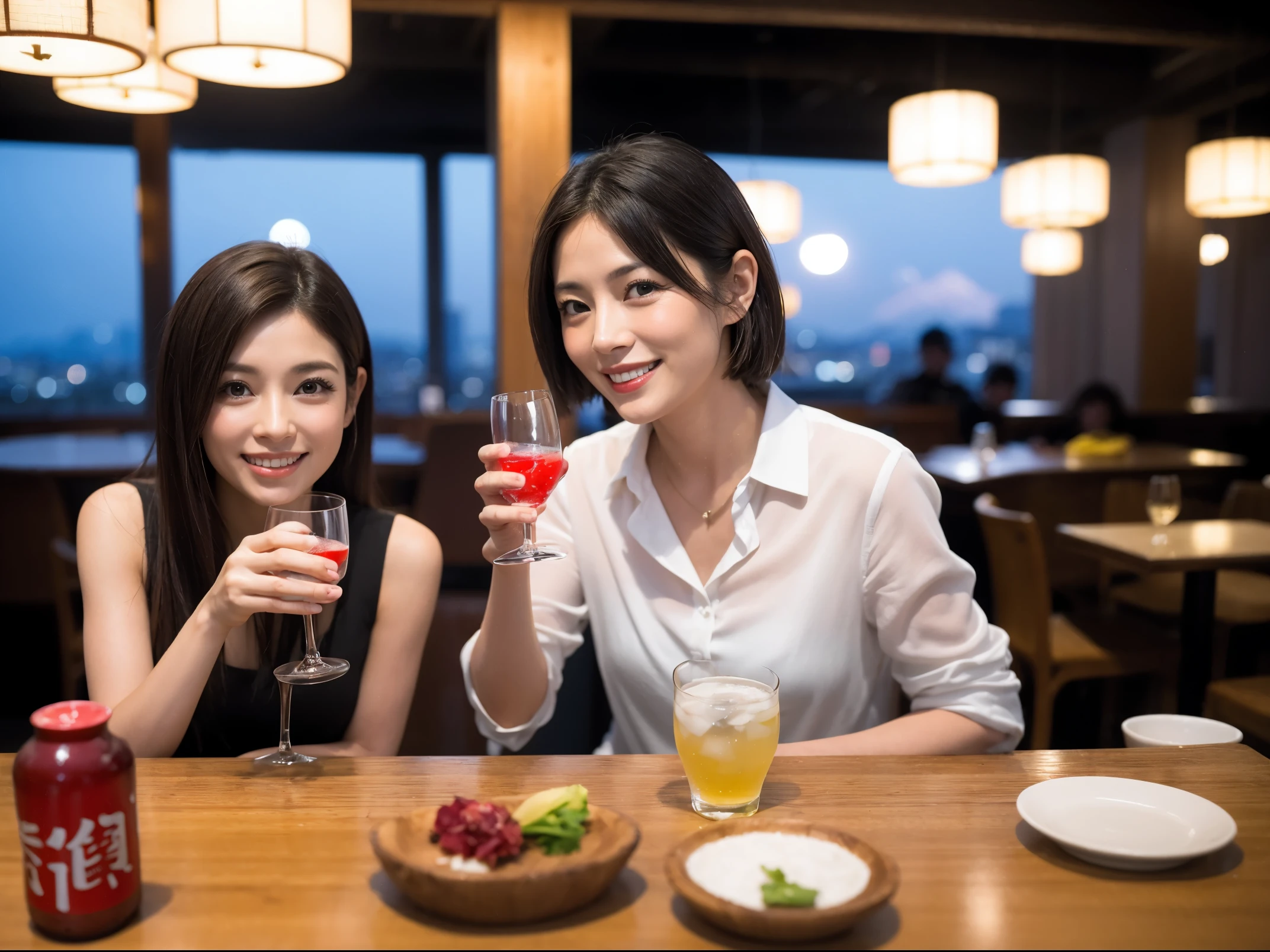Detailed images that look like they were taken with a high-end camera、party、couple、banquet、Japanese sake、Shochu、hot sake、Japanese sakeファン、I love Japanese sake、Because I'm slender、Woman drinking alcohol、36 years old、38 years old、Colombia、Brazilian、Japanese、Dutch、German、Portuguese、Belgian、chiri、American、french、Spaniard、Italian、Indian、Englishman、Cut your hair short、brown hair、Beautiful woman with a glass and a cup、Japanese sakeグラスとワイングラスには清酒が入っています.、720m of Japanese sake、1.You can also see the 8L sake bottle..、There is also Choshi、adult woman in her 30s、Smiling with a beautiful smile while enjoying a drink.、The location is a hotel restaurant.、A beautiful night view of the city can be seen outside the window.、The floor is on the 1st floor、In the background you can see a man and a woman enjoying alcohol..。