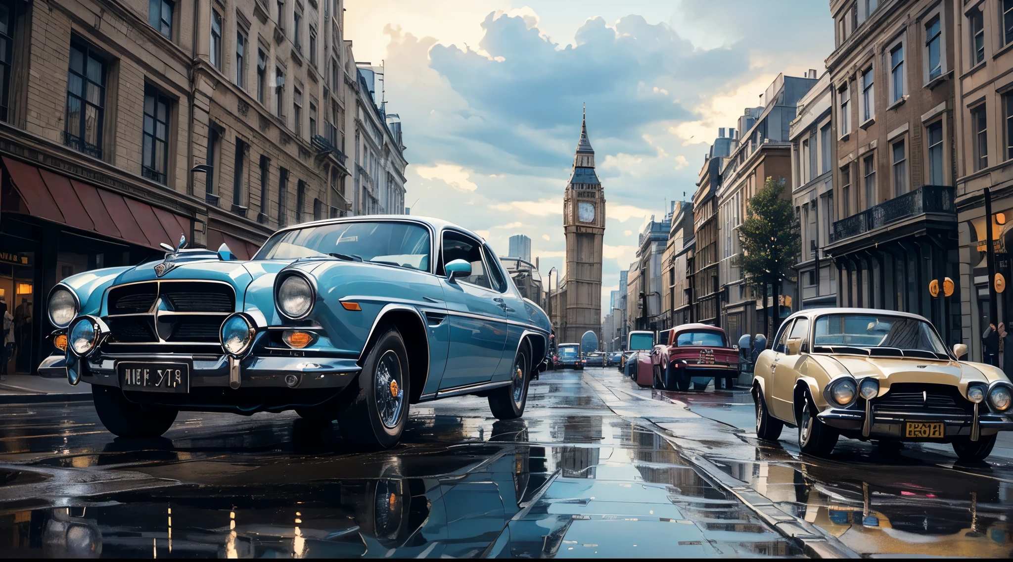 (8K, Best Quality, Masterpiece: 1.2), (Realistic illustration: 1.37), Super Detailed,(top-quality), (ultra-detailliert),High Resolution, BREAK Create a city street scene on a rainy day, the azure sky reflecting in puddles on the asphalt, the buildings tinted with soft blue hues.Elegant, vintage cars cruise along the boulevards as the city awakens to a day of jazz and glamour ,(vintage cars:1.5), (in London:1.3)