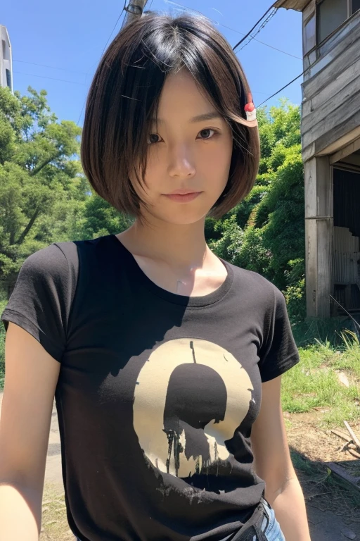 A Japanese Lady, look at viewr, ((very Short hair)), (((skinny:1.3)), 27-years old . day, Outdoors, Post-apocalypse, Ruins, see-through t-shirt,