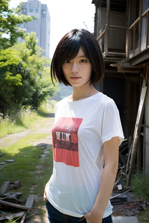 A Japanese Lady, look at viewr, ((very Short hair)), (((skinny:1.3)), 27-years old . day, Outdoors, Post-apocalypse, Ruins, see-through t-shirt,