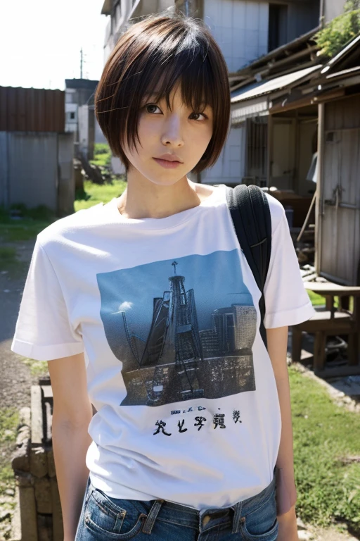 A Japanese Lady, look at viewr, ((very Short hair)), (((skinny:1.3)), 27-years old . day, Outdoors, Post-apocalypse, Ruins, see-through t-shirt,