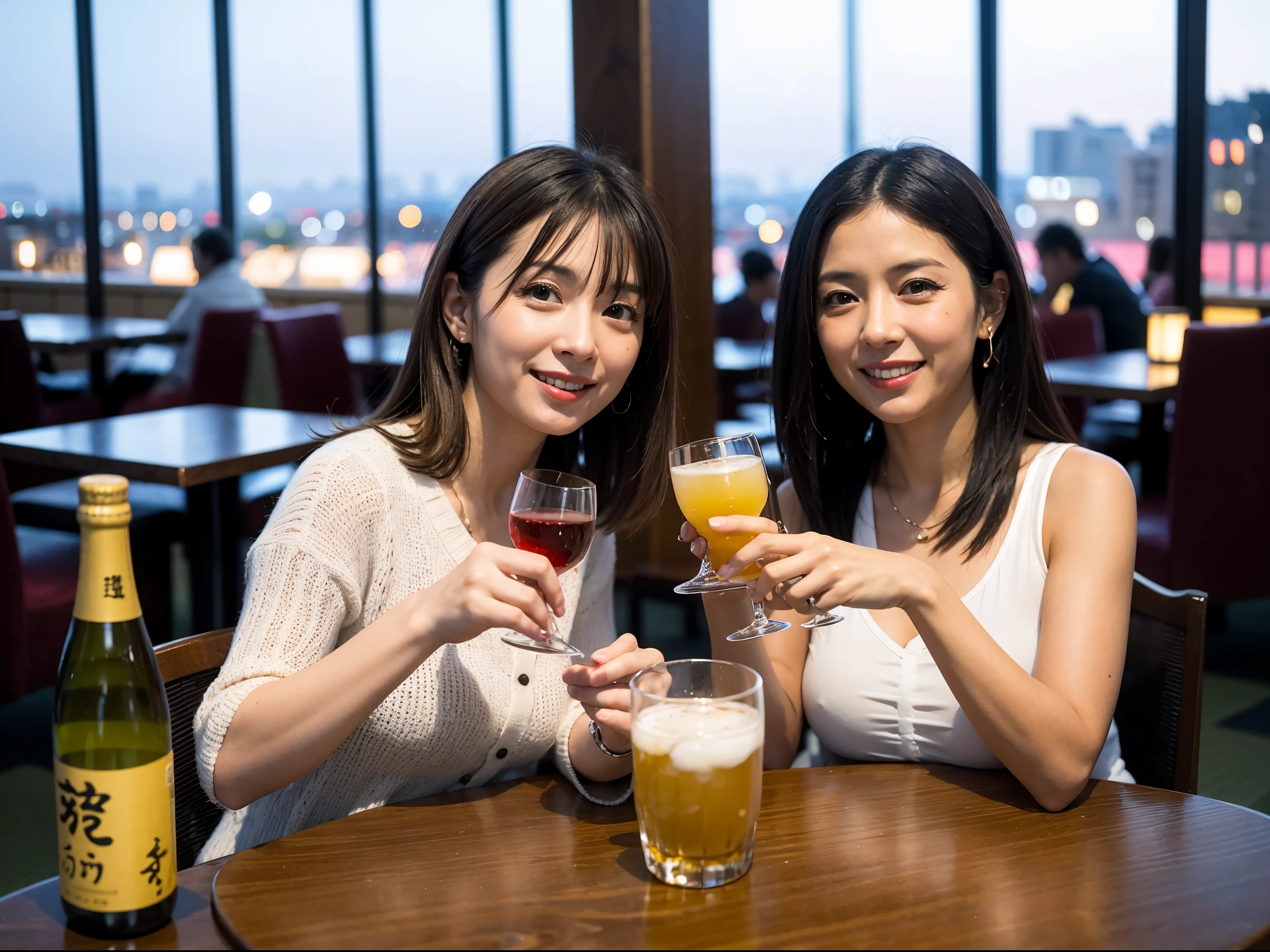 Detailed images that look like they were taken with a high-end camera、party、couple、banquet、Japanese sake、Shochu、hot sake、Japanese sakeファン、I love Japanese sake、Because I&#39;m slender、Woman drinking alcohol、36 years old、38 years old、Colombia、Brazilian、Japanese、Dutch、German、Portuguese、Belgian、chiri、American、french、Spaniard、Italian、Indian、Englishman、Cut your hair short、brown hair、Beautiful woman with a glass and a cup、Japanese sakeグラスとワイングラスには清酒が入っています.、720m of Japanese sake、1.You can also see the 8L sake bottle..、There is also Choshi、adult woman in her 30s、Smiling with a beautiful smile while enjoying a drink.、The location is a hotel restaurant.、A beautiful night view of the city can be seen outside the window.、The floor is on the 1st floor、In the background you can see a man and a woman enjoying alcohol..。