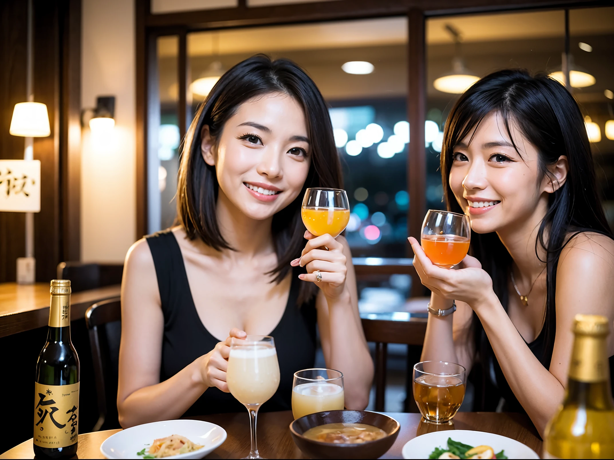 Detailed images that look like they were taken with a high-end camera、party、couple、banquet、Japanese sake、Shochu、hot sake、Japanese sakeファン、I love Japanese sake、Because I'm slender、Woman drinking alcohol、36 years old、38 years old、Colombia、Brazilian、Japanese、Dutch、German、Portuguese、Belgian、chiri、American、french、Spaniard、Italian、Indian、Englishman、Cut your hair short、brown hair、Beautiful woman with a glass and a cup、Japanese sakeグラスとワイングラスには清酒が入っています.、720m of Japanese sake、1.You can also see the 8L sake bottle..、There is also Choshi、adult woman in her 30s、Smiling with a beautiful smile while enjoying a drink.、The location is a hotel restaurant.、A beautiful night view of the city can be seen outside the window.、The floor is on the 1st floor、In the background you can see a man and a woman enjoying alcohol..。