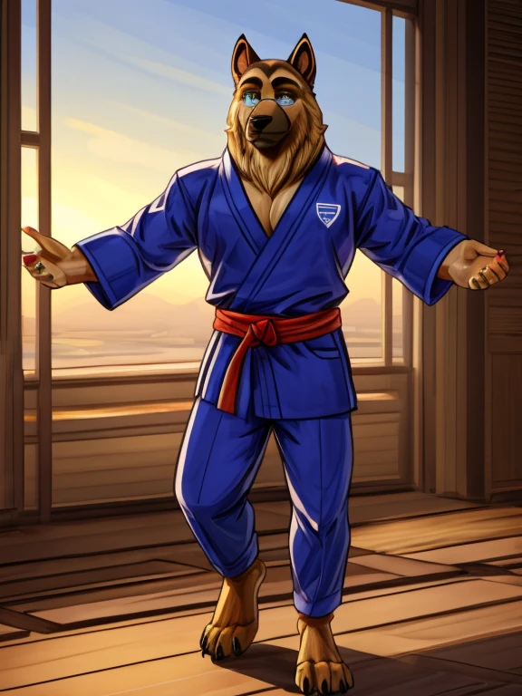 Barefoot Smirnov wearing dark blue karate kimono with 5th dan black belt, training karate in dojo, solo, performing kick, standing on one leg, second leg rised up in a high kick, detailed nice big dog feet paws with claws, in a trance, green glow in his eyes, brainwashed look. high resolution, anatomically correct, evening sky outside the window, darkness inside, 