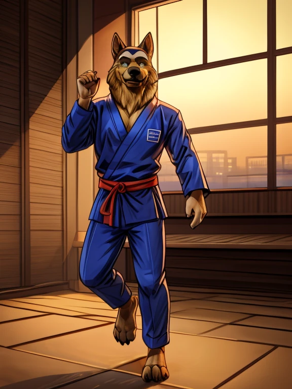 Barefoot Smirnov wearing dark blue karate kimono with 5th dan black belt, training karate in dojo, solo, performing kick, standing on one leg, second leg rised up in a high kick, detailed nice big dog feet paws with claws, in a trance, green glow in his eyes, brainwashed look. high resolution, anatomically correct, evening sky outside the window, darkness inside, 