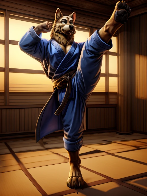 Barefoot Smirnov wearing dark blue karate kimono with 5th dan black belt, training karate in dojo, solo, performing kick, standing on one leg, second leg rised up in a high kick, detailed nice big dog feet paws with claws, in a trance, green glow in his eyes, brainwashed look. high resolution, anatomically correct, evening sky outside the window, darkness inside, 