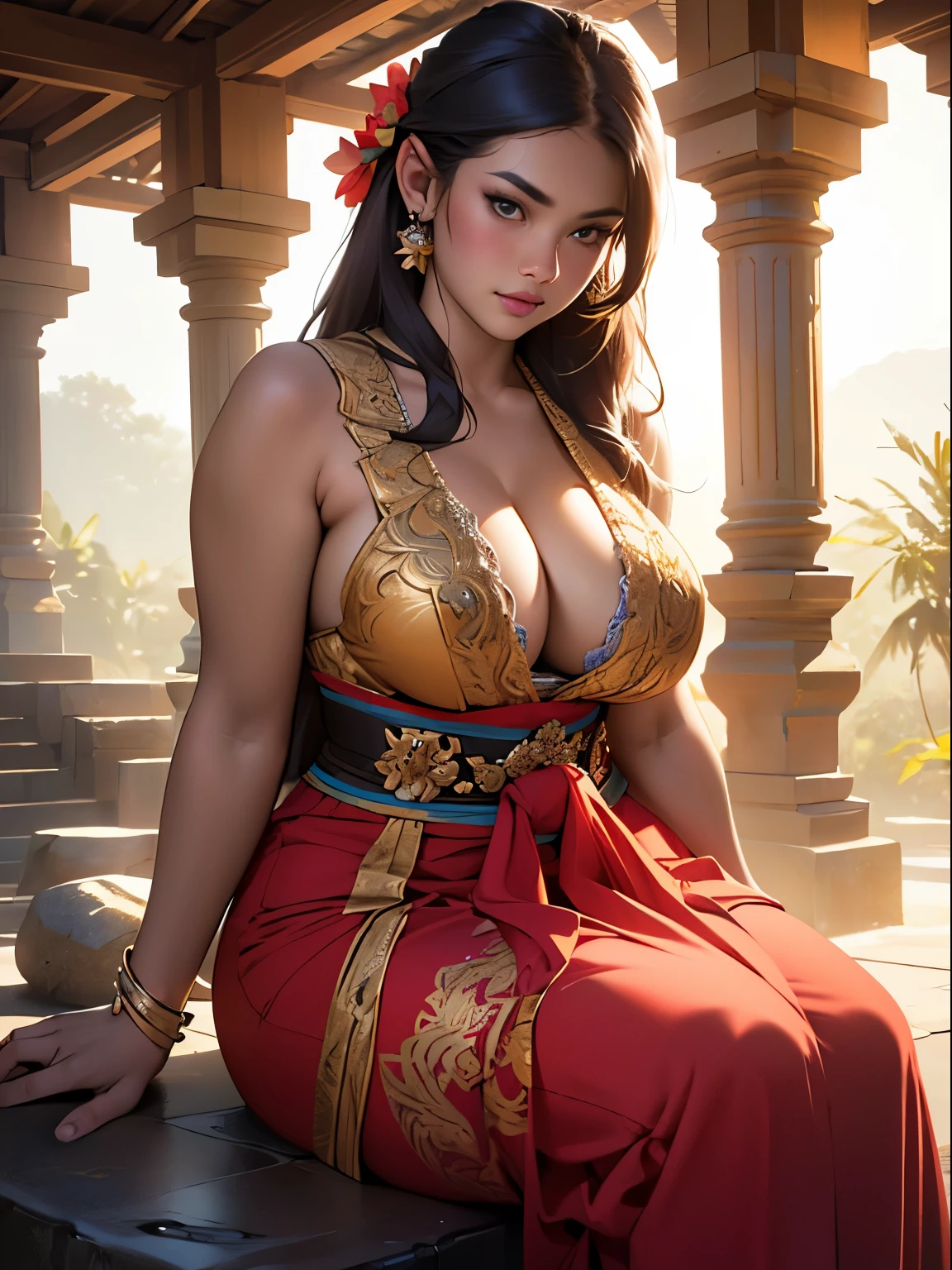 ((Indonesian woman with large breast in a colorful dress sitting on a stone structure, busty, curvy, voluptuous, cleavage, thick, chubby, traditional beauty, beautiful sexy woman, karol bak uhd, with beautiful exotic, erotic, beautiful goddess, beautiful digital artwork, jaw-dropping beauty, by Rudy Siswanto, beautiful model, 8k)), beautiful woman, wearing Traditional Balinese clothing, a beautiful fantasy empress, stunning woman, beautiful Indonesian girl, masterpiece, (best quality:1.2), (8k,highres,RAW photo,realistic,photo-realistic:1.3),(detailed skin texture,detailed cloth texture,beautiful detailed face:1.25),professional lighting,photon mapping,beautiful soft light,radiosity,physically-based rendering,raytracing, model shoot style, (extremely detailed CG unity 8k wallpaper), full shot body photo of the most beautiful artwork in the world, Balinese culture