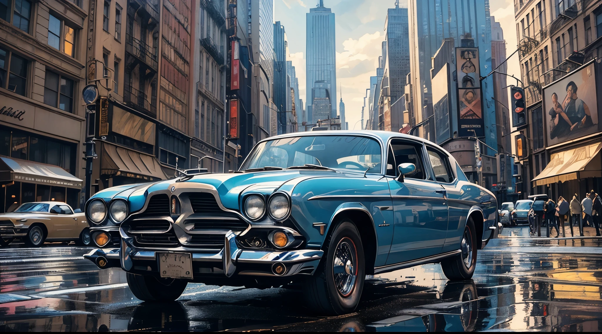 (8K, Best Quality, Masterpiece: 1.2), (Realistic illustration: 1.37), Super Detailed,(top-quality), (ultra-detailliert),High Resolution, BREAK Create a city street scene on a rainy day, the azure sky reflecting in puddles on the asphalt, the buildings tinted with soft blue hues.Elegant, vintage cars cruise along the boulevards as the city awakens to a day of jazz and glamour ,(vintage cars:1.5), (in New York:1.3)
