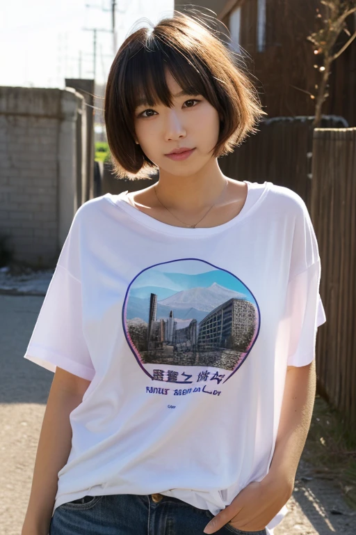 A Japanese Lady, look at viewr, ((very Short hair)), (((skinny:1.3)), 27-years old . day, Outdoors, Post-apocalypse, Ruins, ((see-through t-shirt:1.2)),