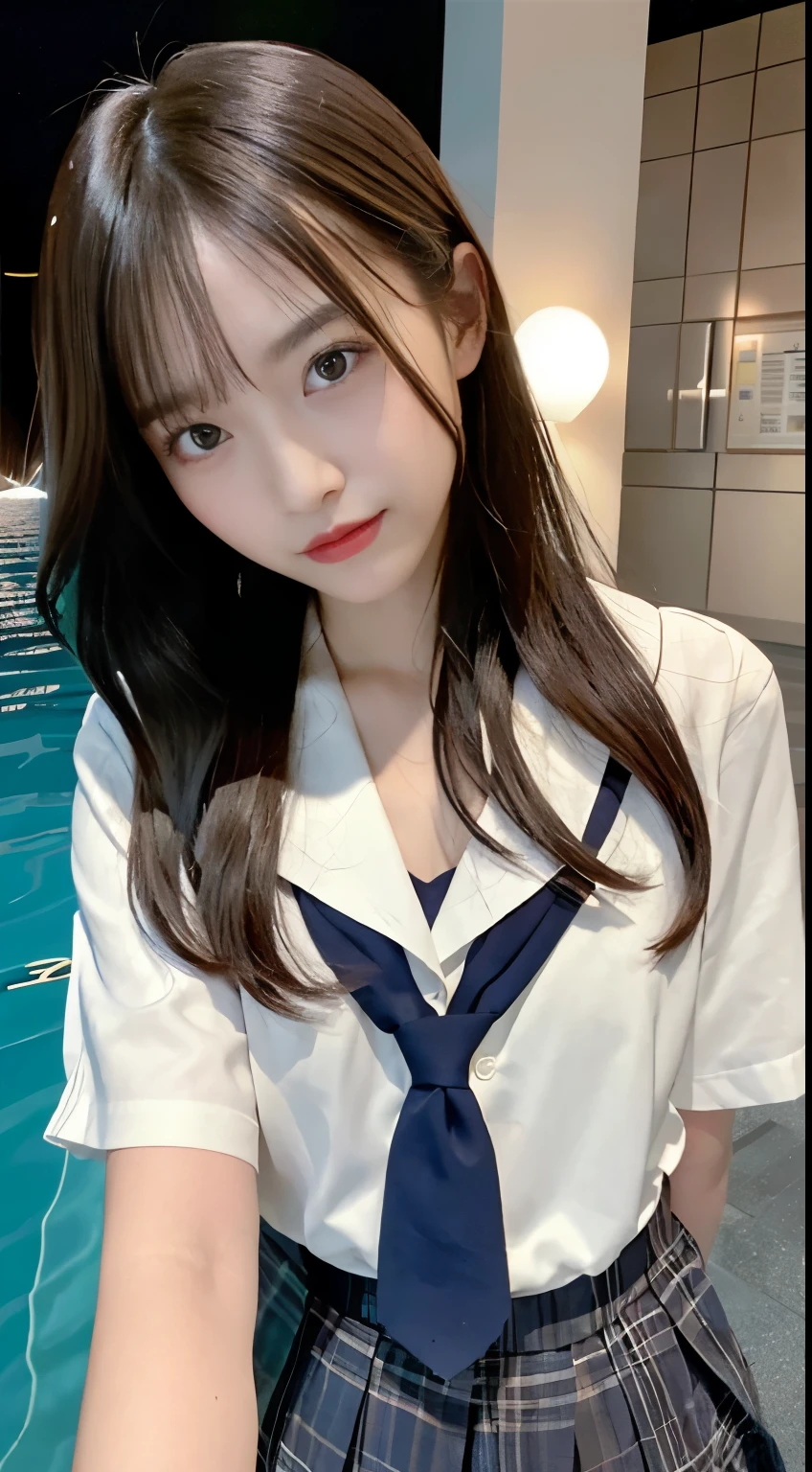 Facing camera, facing viewer, standing on her own feet, high quality, works of the masters, daughter, dark hair, long hair shawl, long hair flowing over shoulders, cropped shoulders, collarbones, exquisite facial features, moistened red lips, school uniform, exposing calves, collarbones, to camera Facing the camera, One photo, Socks, Sad expression, Bust, Real person, Swimming, Standing in the water, upper body exposed (sea), CG rendering, 16k, Looking into the camera, Beautiful night scene, Sad farewell, Hyper HD, Perfect in every detail, Picture is real, Ultimate image quality, Maximum accuracy, 8K Resolution, Shades of Darkness, 8K, Yes ,Ultra HD, 8K