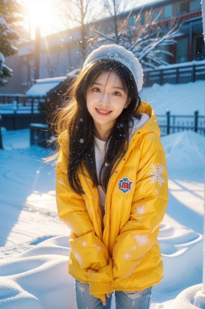 a cute and beautiful girl, by Miki Asai, smile, fashionably dressed in a bright orange puffer jacket, magical ice sculpture world, snowy landscape filled with snowflakes. a sweet and ideal character, Japanese cartoons, korean girl, full of anticipation and courage for adventure, (Ultra high saturation, bright and vivid colors), (best quality, masterpiece, Representative work, official art, Professional, 8k:1.3)