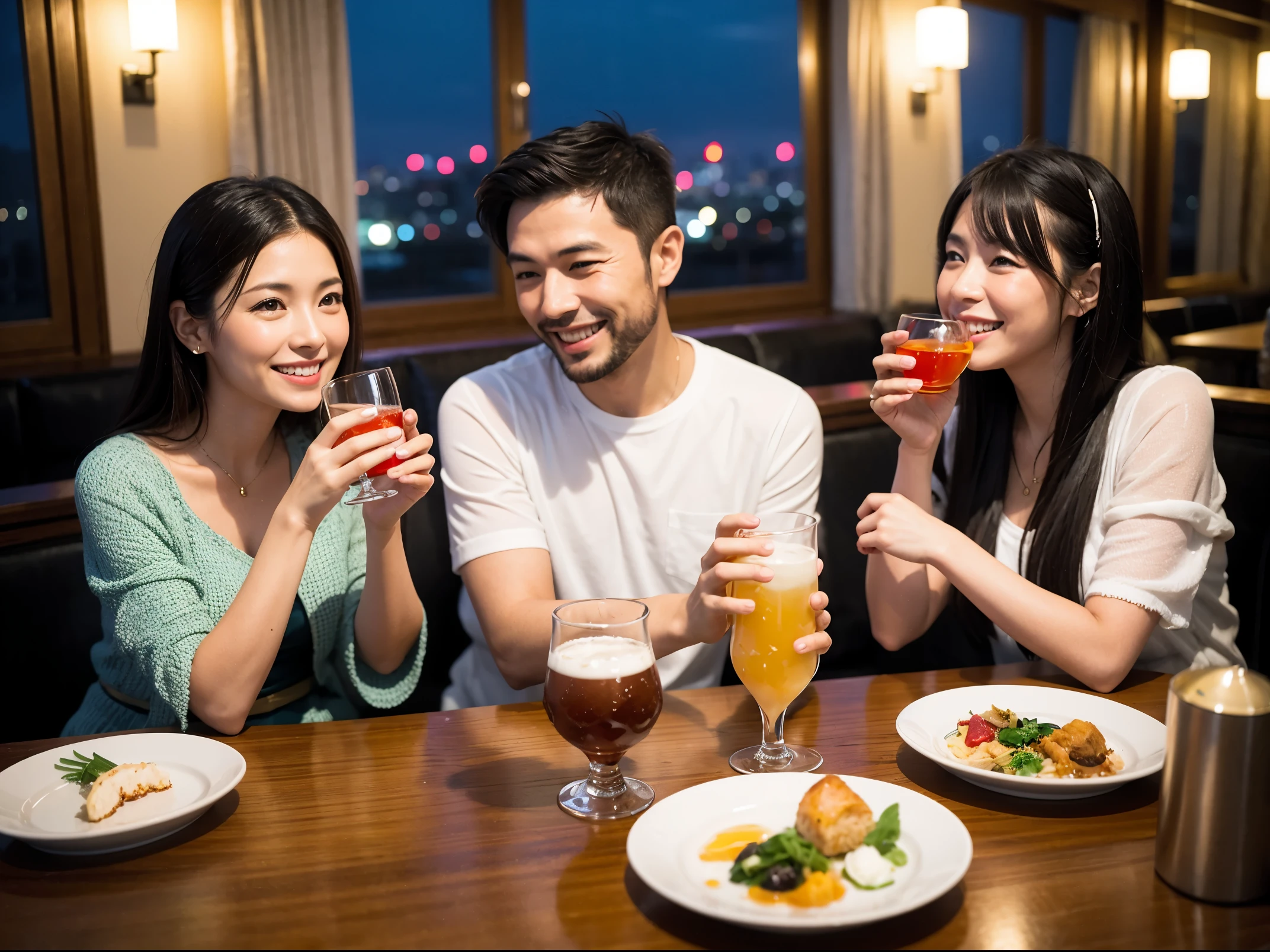Detailed images that look like they were taken with a high-end camera、party、couple、banquet、Japanese sake、Shochu、hot sake、Japanese sakeファン、I love Japanese sake、Because I'm slender、Woman drinking alcohol、36 years old、38 years old、Colombia、Brazilian、Japanese、Dutch、German、Portuguese、Belgian、chiri、American、french、Spaniard、Italian、Indian、Englishman、Cut your hair short、brown hair、Beautiful woman with a glass and a cup、Japanese sakeグラスとワイングラスには清酒が入っています.、720m of Japanese sake、1.You can also see the 8L sake bottle..、There is also Choshi、adult woman in her 30s、Smiling with a beautiful smile while enjoying a drink.、The location is a hotel restaurant.、A beautiful night view of the city can be seen outside the window.、The floor is on the 1st floor、In the background you can see a man and a woman enjoying alcohol..。