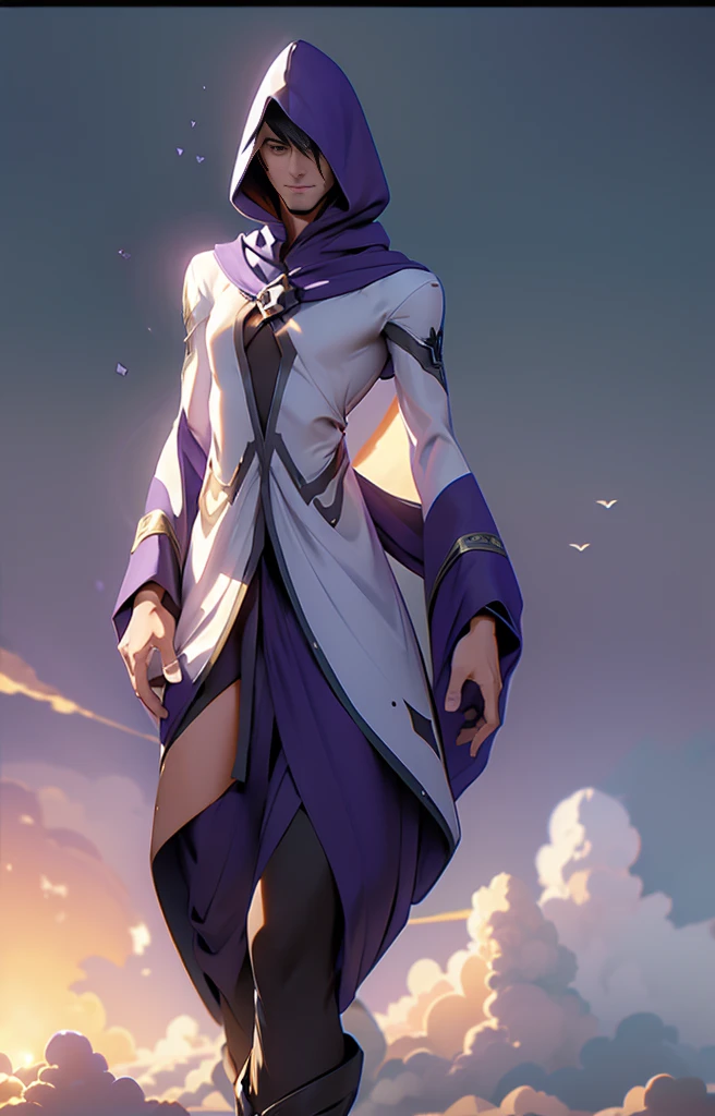 (((Man in (purple hood/cloak:1.2) with black lines))), face visible, green eyes.  Symbol on chest, visible hands, human anatomy 