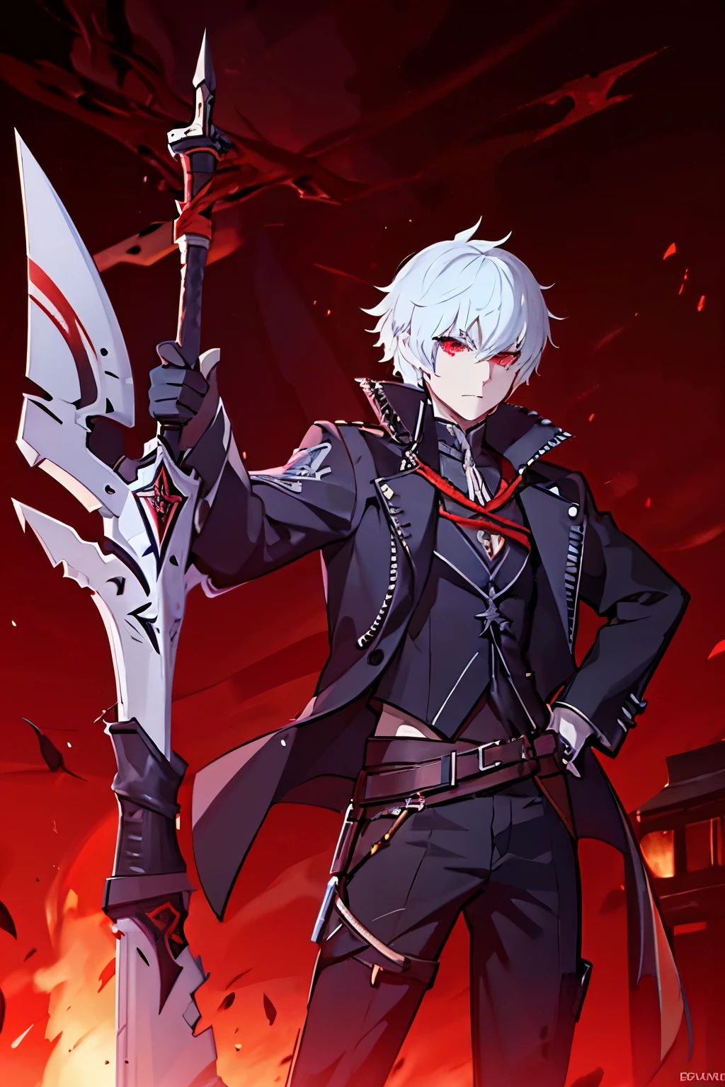 Beacon Academy, RWBY, a boy with silver hair, wearing a mask, demon hunter from devil may cry, red flame eye, welding a long sword, two pistol on his hip.