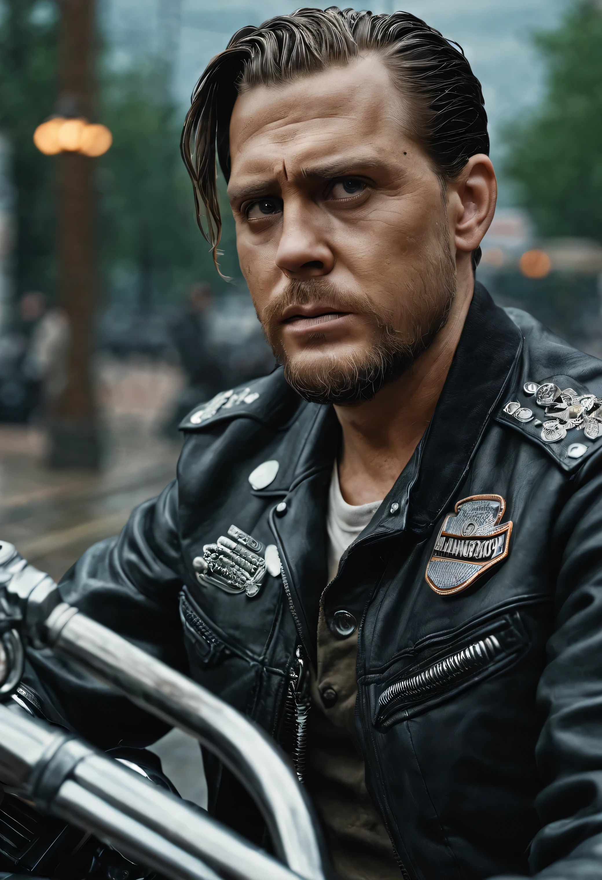 (hyper realistic, photorealistic, 4k, UHD, intricate details, long shot) A 1950's scene of Anton, Sitting on a motorcycle wearing his Harley Davidson Jacket, looking at the camera, keyword Anton