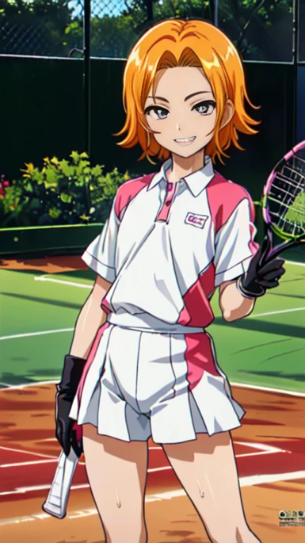 (((official art,Super thin illustration,High resolution, In 4K, 8K, High resolution, muste piece, best quality,best quality))), (little boy),12 years old, A young tennis boy with a cute face.,A boy who looks like the prince of tennis、 Standing ceremony, Cool handsome face with smile, White Tennis Shoes、 long legs, thighs, Foots, Bulge, (orange hair、short hair,spiky hair)、 、shiny hair, boy with sharp eyes, (Tight, shiny white tennis uniform suit、), (tight tennis pants), (Tennis Socks), grassy area, cool pose, (太いthighs,big butt),(((park tennis field)))、((Saucy、grinning grin、))、,ultra fine painting, ,(((Being aware of the sexual gaze of middle-aged gay men)))、Service Shots、(((Long leather gloves))),
