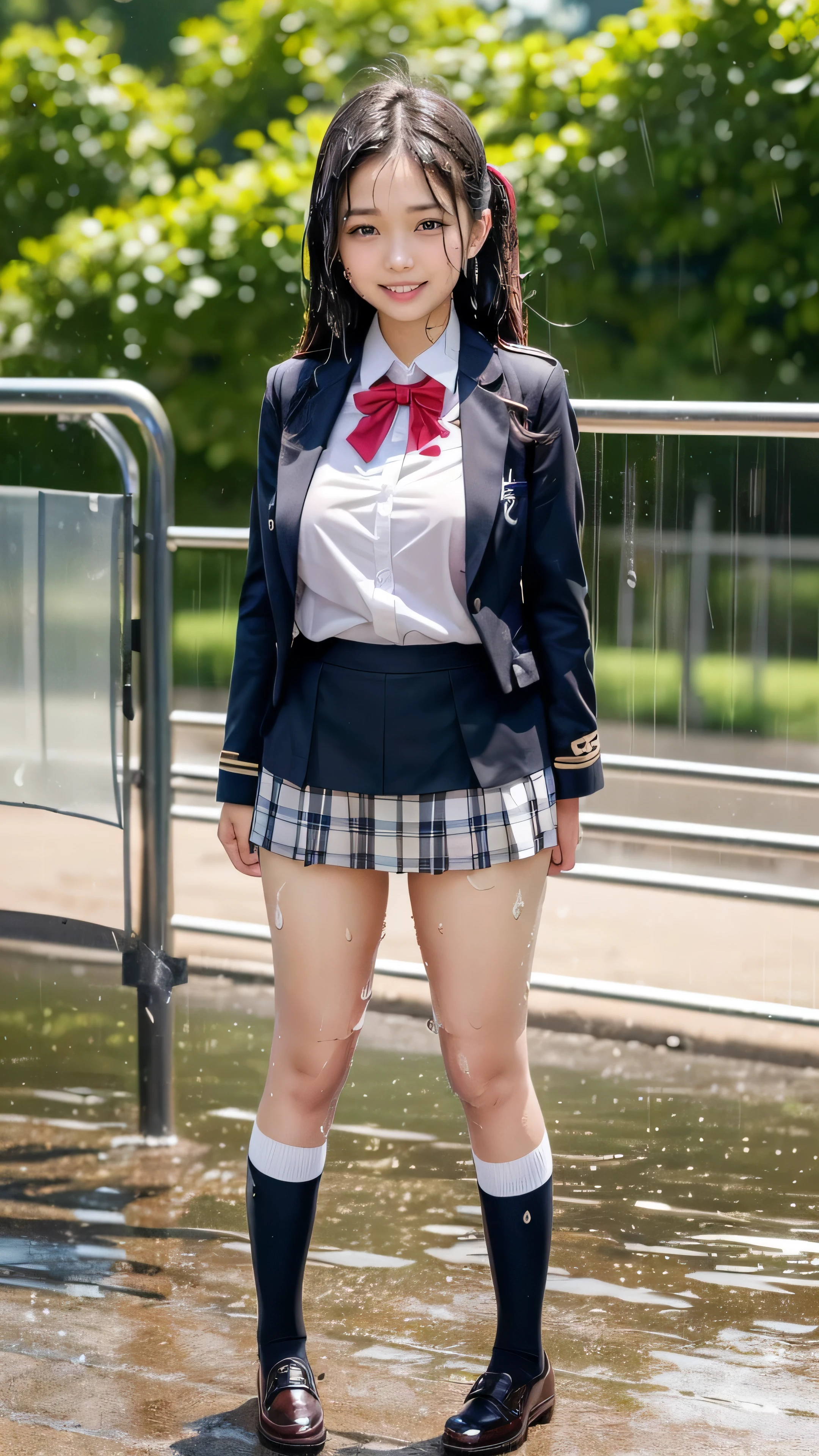 girl cute girl' School)、School playground、Class President、()(Are standing:1.4),(look at the camera)、(alone)、(surreal), (shape), (High resolution), (8K), (very detailed), (best shape), (beautiful and detailed eyes), (highest quality), (Super detailed), (masterpiece), (wallpaper), (detailed face),(((one girl)))、(((looking at the viewer:1.2)))、innocent smile、cute smile、a little chubby face、(gentle smile:1.3)、surrealな、(Big eyes)、(double eyelid)、(((high School girl uniform))),((highest quality、8K、masterpiece:1.3))、whole body、from below:1.2、panty shot:1.5、(ultra High resolution:1.2)、big breasts、(white skin:1.2),(bright lighting)、(((Skirt flips up and panties are visible 1.2)))、Mr..々Colored panties、(Korean、Japanese、Chinese:0.3)、(((My uniform got wet from the rain:1.2)))、The black bra is transparent 1.2