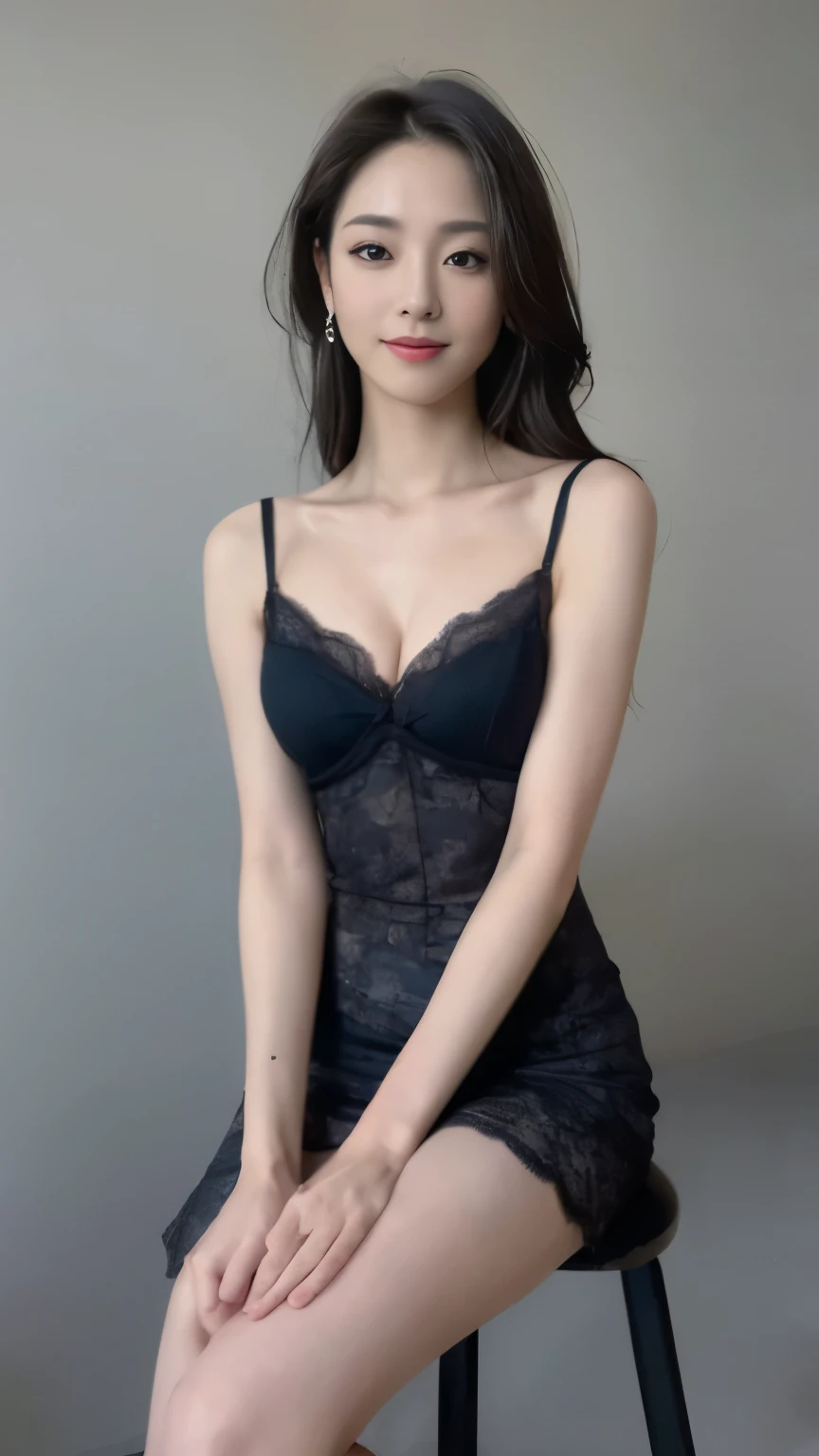 ((top-quality、8k、​masterpiece:1.3))、Beautiful woman with perfect body:1.4、slim abdomen:1.2、Longhair, normal breast, Highly detailed facial and skin texture, A detailed eye, (smile), (full body shot), ((studio)), (sitting on the chair), (((wearing black night dress)), looking in front, (((plain grey background:1.2)))