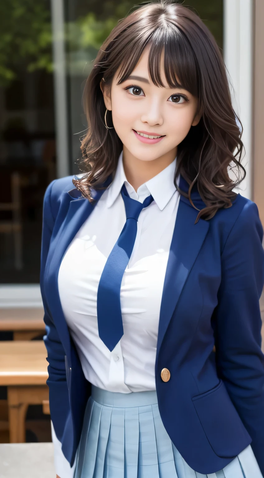 8K, highest quality, real image, intricate details, Super detailed, ultra high resolution, depth field,(realistic,realistic:1.2),table top , frontal shot , From the middle , 1 girl, eye_Chan, very beautiful 17 year old girl, innocent big eyes,、beautiful breasts:1.5、非常に詳細なeye:1.2)、(beautiful breasts:1.1)、wavy hair、curly hair、bangs、, perfect skin, Fair skin, huge breasts, put your hand on your chest、cleavage, tight waist, light blush, alone, looking at the viewer, light smile, ((School_uniform),(dark blue blazer), (white shirt、Wearing a tie), (gray pleated skirt), (sculpture installation :1.1)