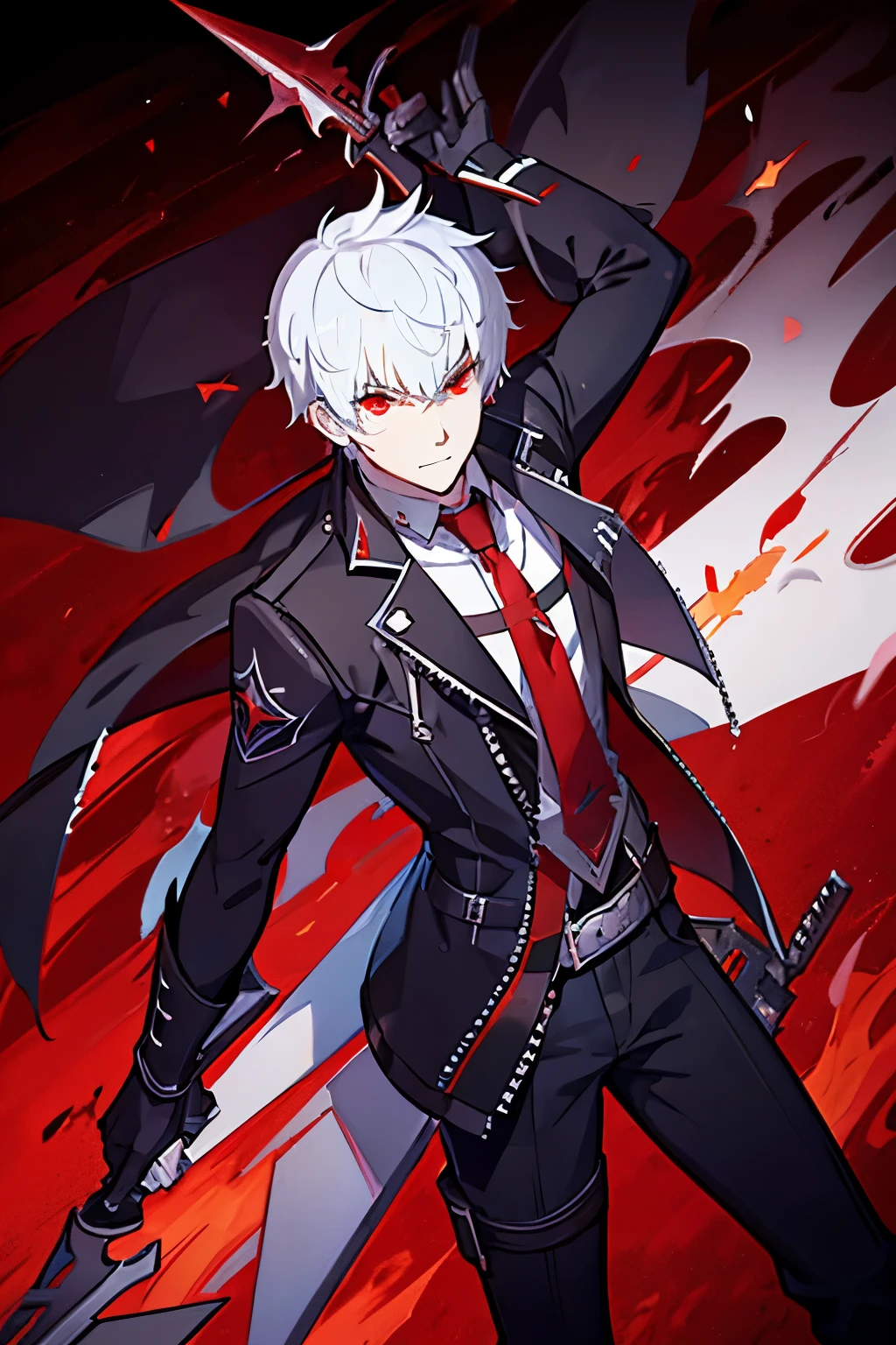 Beacon Academy, RWBY, a boy with silver hair, wearing a mask, demon hunter from devil may cry, red flame eye, welding a long sword, two pistol on his hip.