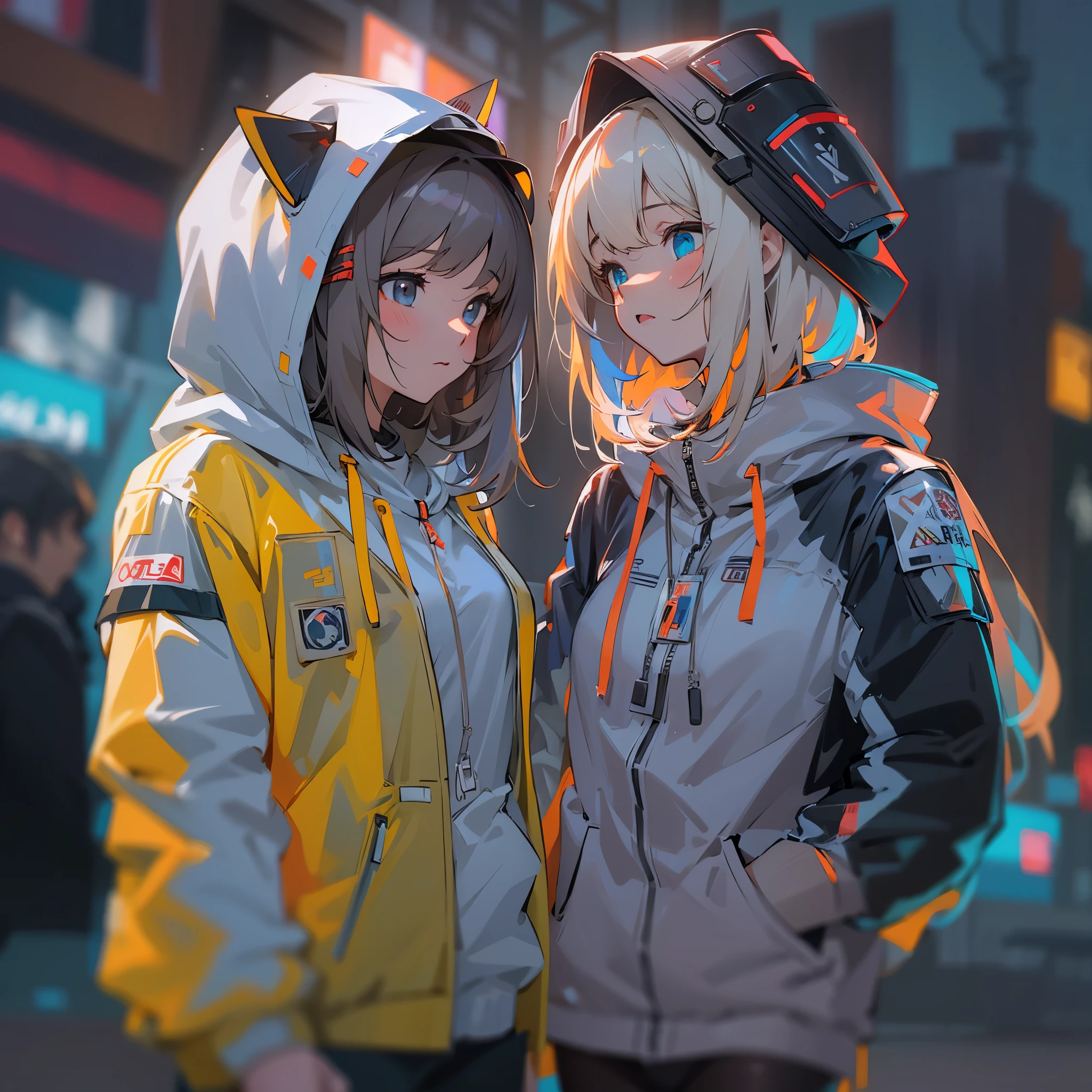 1girl, jacket, outdoor, hoodie, open jacket, chain,cute, kawai, looking at another, trending on artstation, 8k resolution, highly detailed, anatomically correct, sharp image, digital painting, concept art, trending on pixiv, soft femenine colors,neon colors, attractive aspect, hot look, arknights looks, arknights anime, simple background
