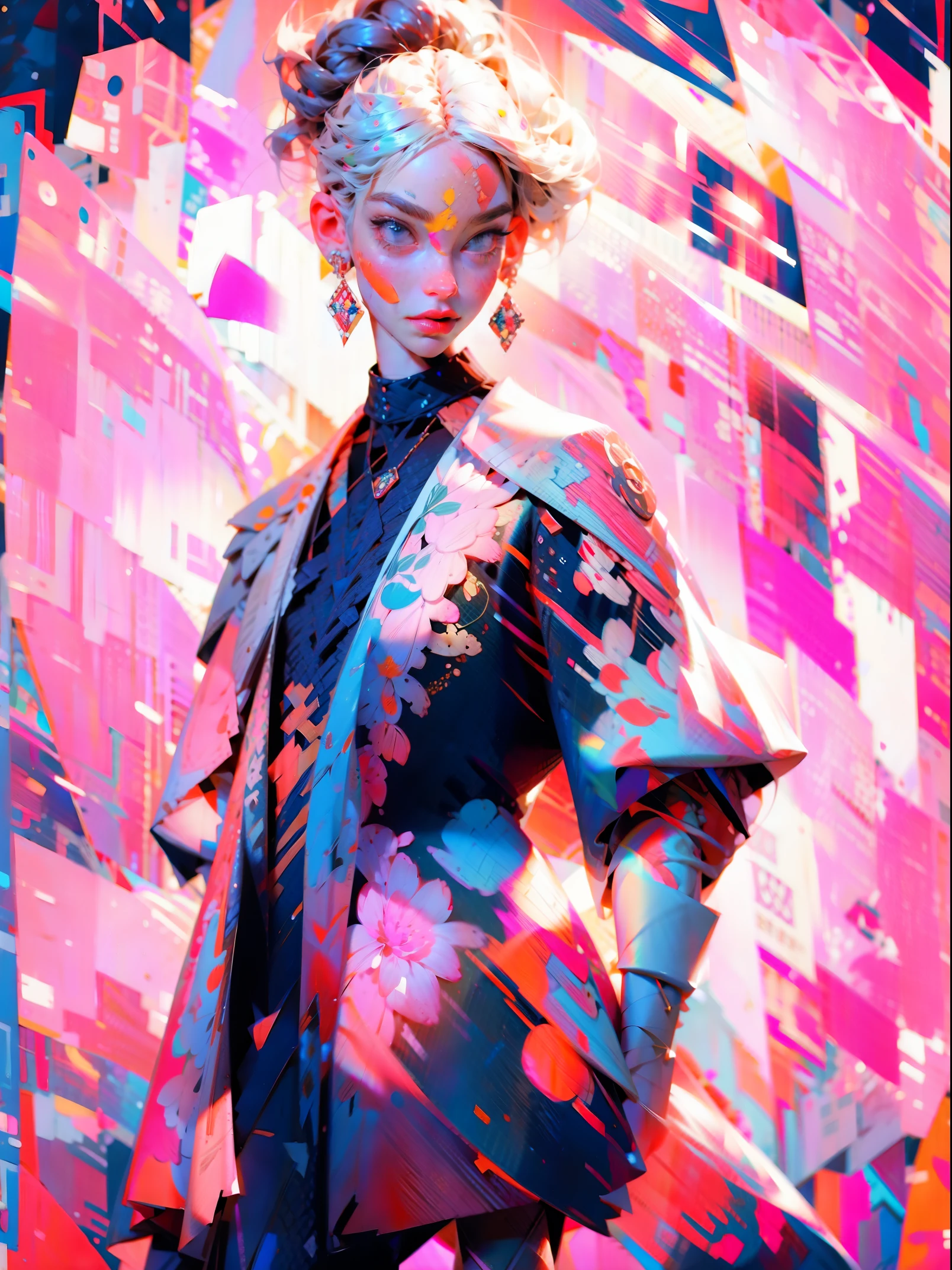 (MAN OR WOMAN) WEARING TRENDY CLOTHES, IN AN ABSTRACT OIL PAINTING STYLE, FASHION SHOW, THE PAINTING IS ULTRA-HIGH DETAILED AND HAS A RESOLUTION OF 8K, SHOWCASING THE BEST QUALITY AND CRAFTSMANSHIP. THE BACKGROUND IS COLORFUL, WITH A TOUCH OF FOG AND MIST, CREATING A MYSTERIOUS ATMOSPHERE. THERE IS A SUBTLE LENS FLARE EFFECT, ADDING A DYNAMIC ELEMENT TO THE ARTWORK. THIS PAINTING AIMS TO BE REMINISCENT OF LUXURY BRAND ADVERTISING, SHOWCASING THE BEAUTY AND ELEGANCE OF THE FASHION WORLD.