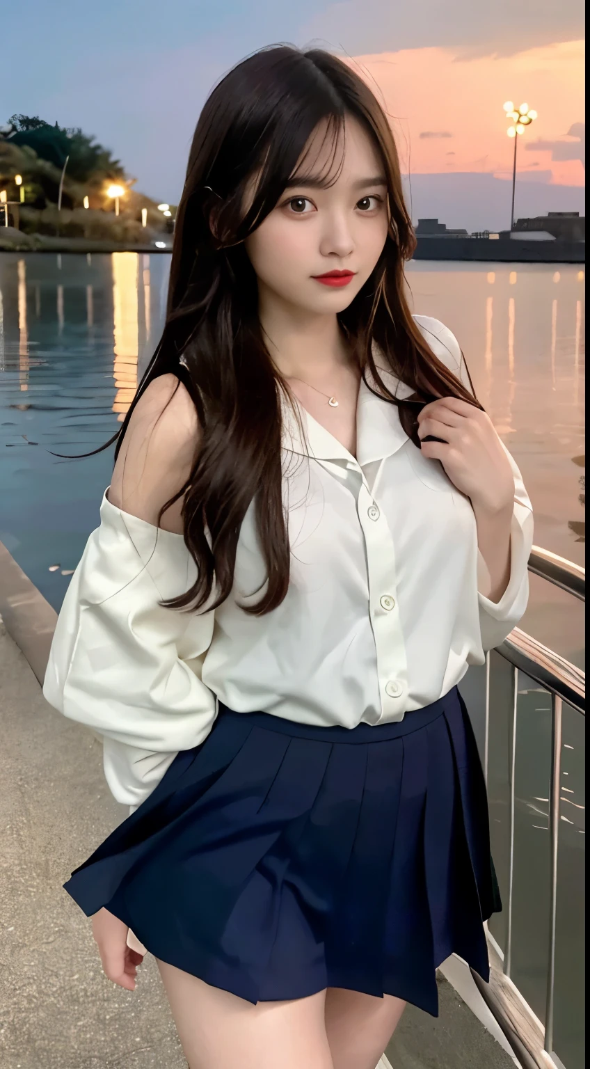 Facing camera, facing viewer, standing on her own feet, high quality, works of the masters, daughter, dark hair, long hair shawl, long hair flowing over shoulders, cropped shoulders, collarbones, exquisite facial features, moistened red lips, school uniform, exposing calves, collarbones, to camera Facing the camera, One photo, Socks, Sad expression, Bust, Real person, Swimming, Standing in the water, upper body exposed (sea), CG rendering, 16k, Looking into the camera, Beautiful night scene, Sad farewell, Hyper HD, Perfect in every detail, Picture is real, Ultimate image quality, Maximum accuracy, 8K Resolution, Shades of Darkness, 8K, Yes ,Ultra HD, 8K