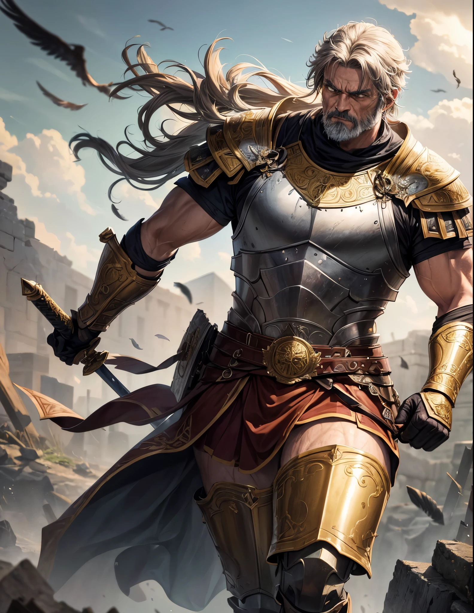 (best quality,4k,highres,masterpiece:1.2),ultra-detailed,retired Roman soldier wearing armor,fierce expression,detailed eyes and face,gray beard,wrinkles,weathered skin,determined look,scars,leather helmet with feathers,antique bronze armor,ornate breastplate and shoulder plates,carved with intricate patterns,strong build,broad shoulders,muscular arms,veins popping,serious expression,aged warrior with wisdom and experience,stoic demeanor,backlit with soft golden light,vivid colors,light reflecting off the metal armor,emphasizing the textures and details,heroic pose with a raised sword,standing against a ruined ancient Roman city,smoke and debris in the background,stormy sky with dark clouds,emitting an aura of power and resilience,imposing presence,phalanx of soldiers marching behind him,creating a sense of strength and unity,conquering conqueror,guardian of the past.