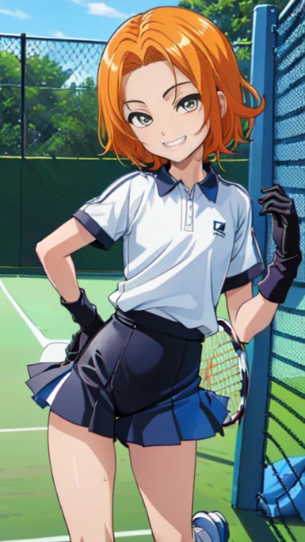 (((official art,Super thin illustration,High resolution, In 4K, 8K, High resolution, muste piece, best quality,best quality))), (little boy),12 years old, A young tennis boy with a cute face.,A boy who looks like the prince of tennis、 Standing ceremony, Cool handsome face with smile, White Tennis Shoes、 long legs, thighs, Foots, Bulge, (orange hair、short hair,spiky hair)、 、shiny hair, boy with sharp eyes, (Tight, shiny white tennis uniform suit、), (tight tennis pants), (Tennis Socks), grassy area, cool pose, (太いthighs,big butt),(((park tennis field)))、((Saucy、grinning grin、))、,ultra fine painting, ,(((Being aware of the sexual gaze of middle-aged gay men)))、Service Shots、(((Long leather gloves))),