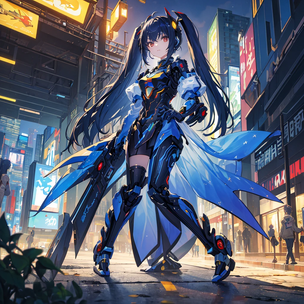 (masterpiece:1.4), (highest quality:1.4), Mecha girl、car robot,Bill at night,very detailed, Complex, very detailed, figure,soft lighting, scenic, 1 girl, disgust, dark blue hair, colorful, Colorization, from_On top of that ,vampire_costume , Runway