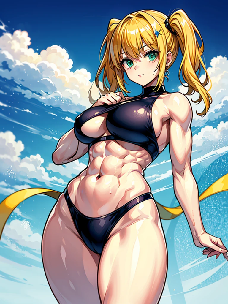 （（（masterpiece、Highest image quality、highest quality、highly detailed unity 8ｋwallpaper）））、（（Illustration of one girl））、（（（beautiful girl、cool）））、（（blonde、pixie cut：1.2、two side up、sidelocks、green eyes））、（（（tall、stocky build, thickset physique：1.3, muscular legs, broad shoulders, solid chest）））、swimsuit、sandy beach